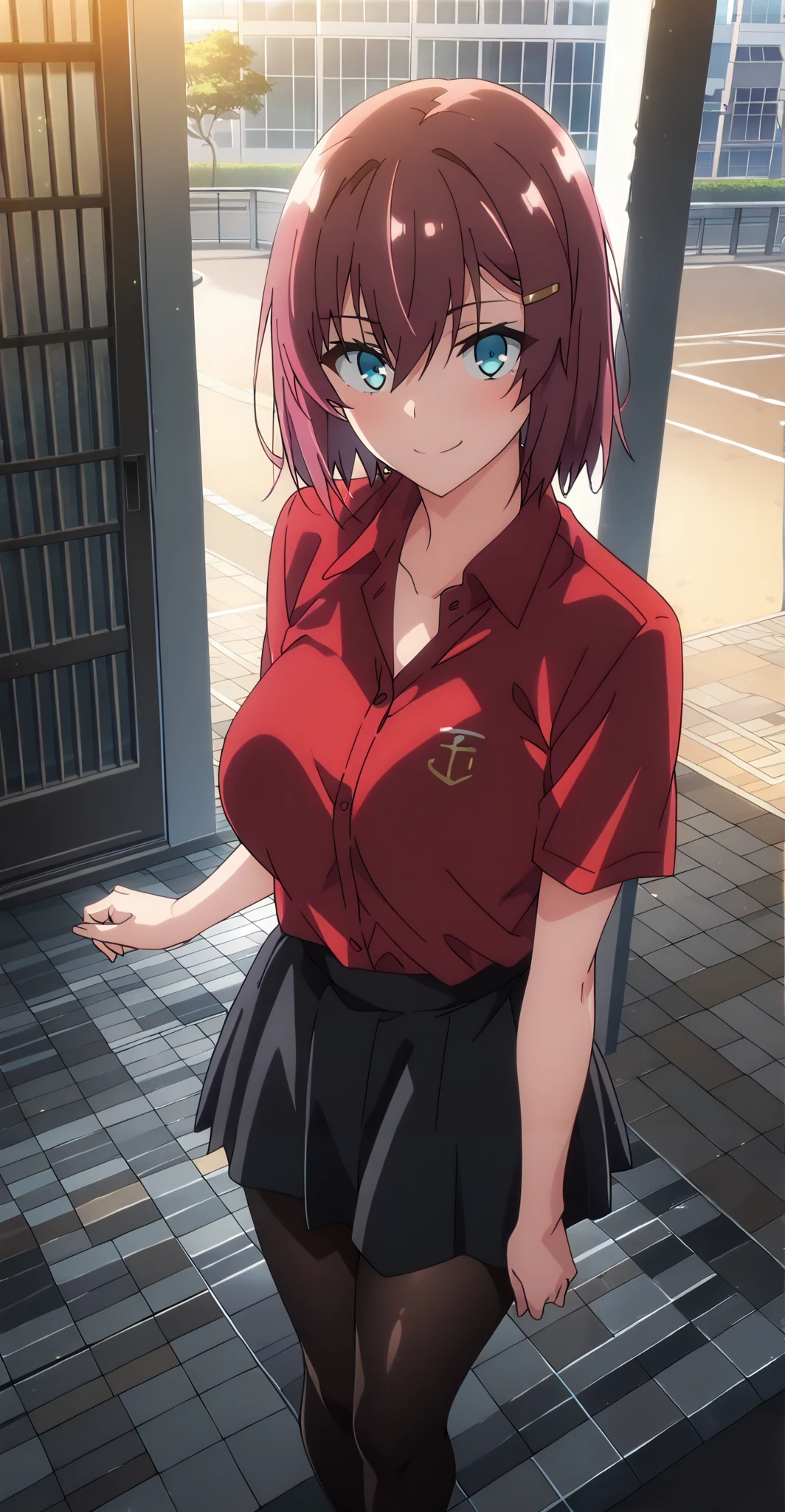 masterpiece, best quality, amazing quality, very aesthetic, absurdres, newest, scenery,highly detailed,high-resolution, {{Increase saturation:1.2、Highly colored}} looking at viewer,smile, solo, AkaneNanao,1girl,red hair,short hair,hairclip,blue eyes, Medium breasts,
RinUniversity, red shirt, collared shirt, black skirt, black pantyhose, open collar