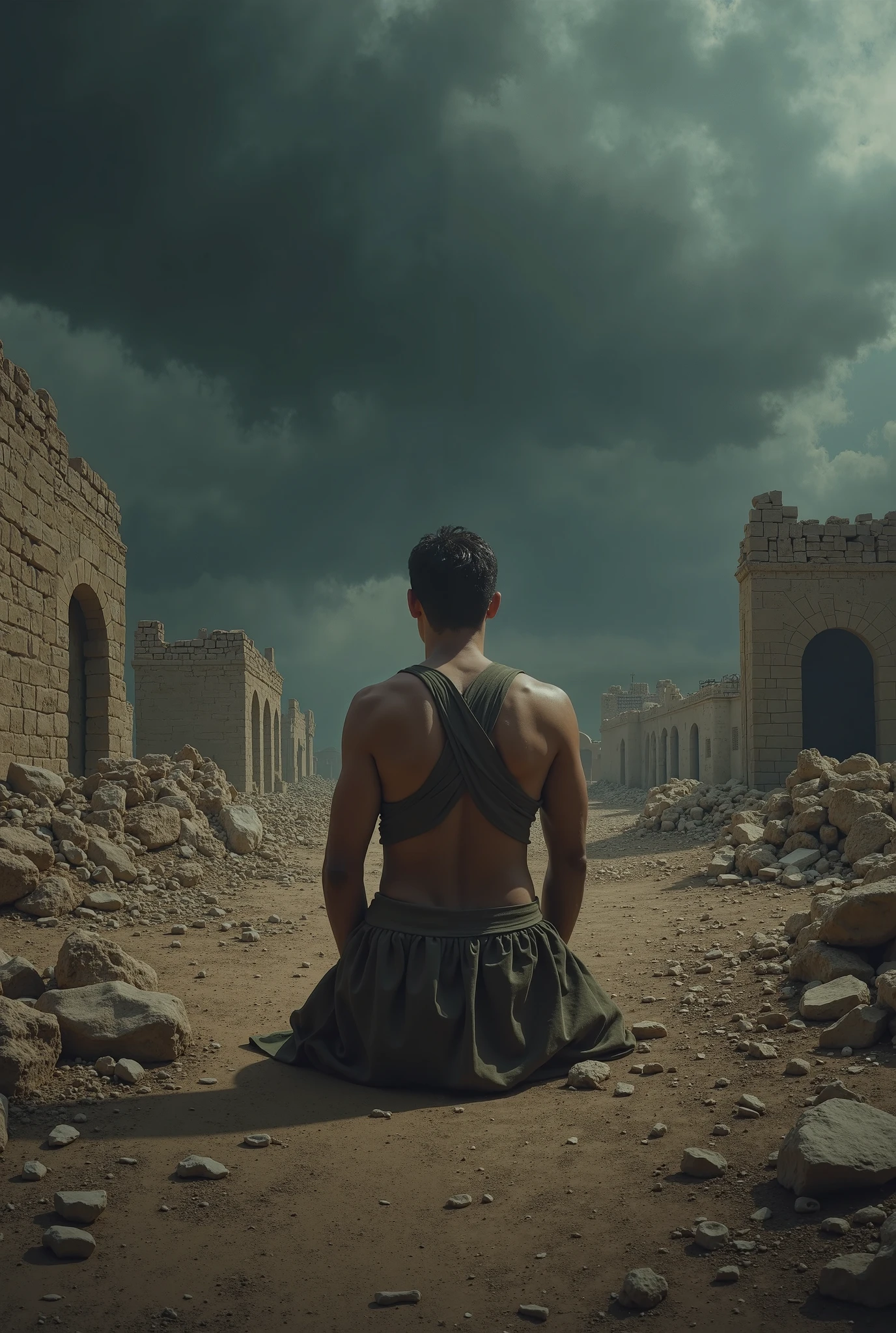 Man with his back turned praying in ancient times