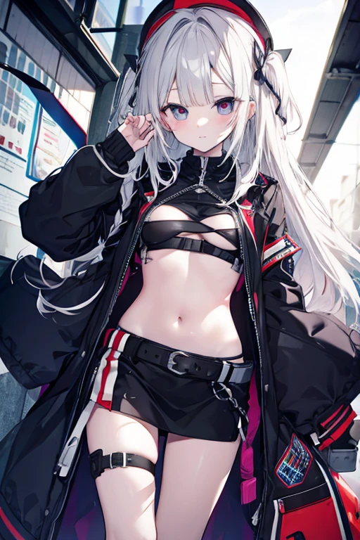 Wearing a black jacket、White lines on the sleeves。The jacket has a zipper、I wear it slightly open。girl,belly button,Boobs exposed, pussy exposed,Grinning face