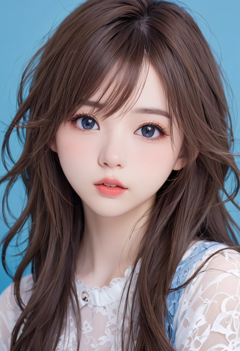 leogirl ,cute 1 Girl,long messy brunette, bite your lips,Tempting forward, delicate skin, delicate face ,True,Trueistic,1 Girl,White hair, blue background , upper body,