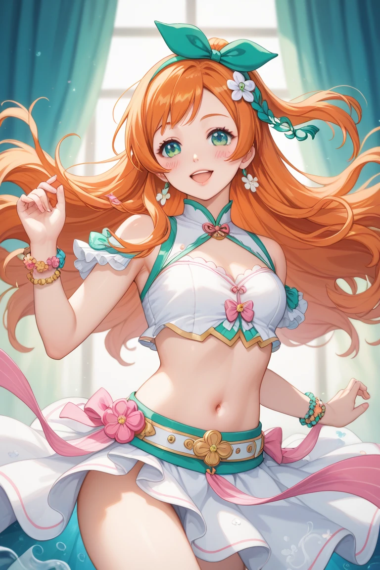 tiny girl,Colossal tits,magical girl costume,Smile with open mouth,Orange hair,hair adornments,Heterochromia,Top image quality,Best Quality