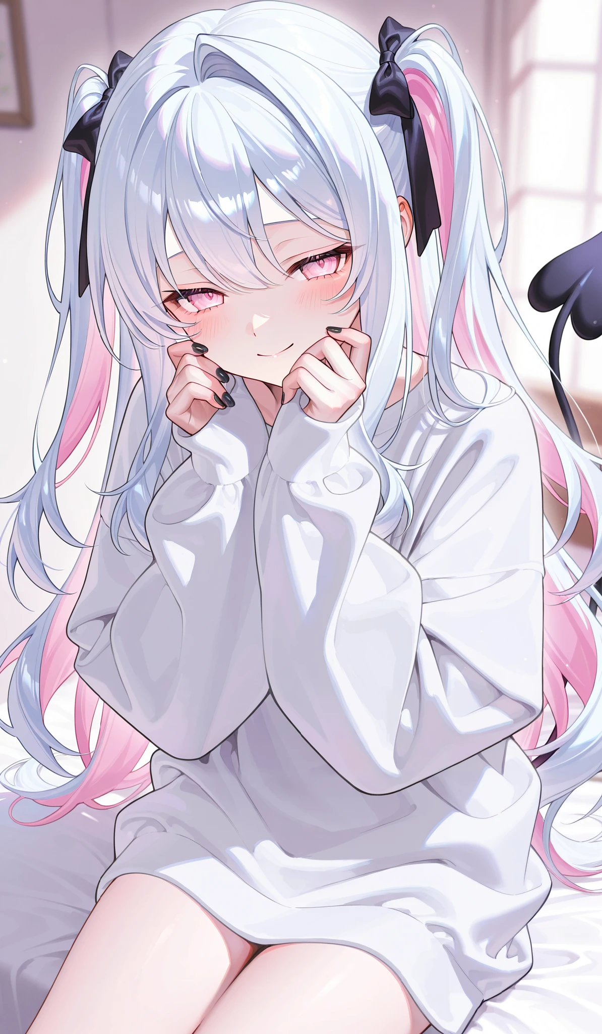1 girl、 white hair、 pink inner color hair、Intake、 light pink eyes、Narrowed eyes 、 shy expression、 long hair、 wave hair、Black Nails、 frill、ribbon、oversized white sweatshirt 、 Moe sleeve 、indoor、 Sitting、 smile、 watching here、 half up twin tail、 soft colors 、 natural light、blush、 blurry background indoors、 bright、 Masterpiece、 best image quality、Exquisite detail、
