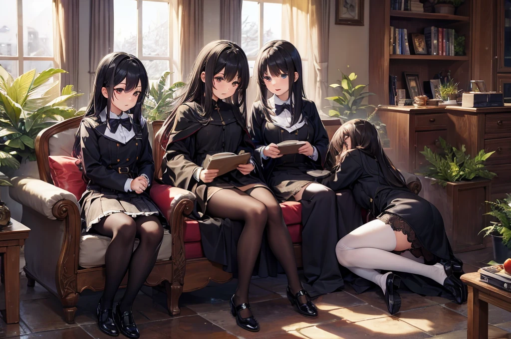High image quality, high resolution, smooth gradation, vivid colors, a black cloak, a black student uniform, black stockings, black lace-up shoes, black hair, a high school girl, A winter greenhouse, snowy scenery outside, high glass ceilings, tropical plants, girls warming themselves by putting coal in the stove,