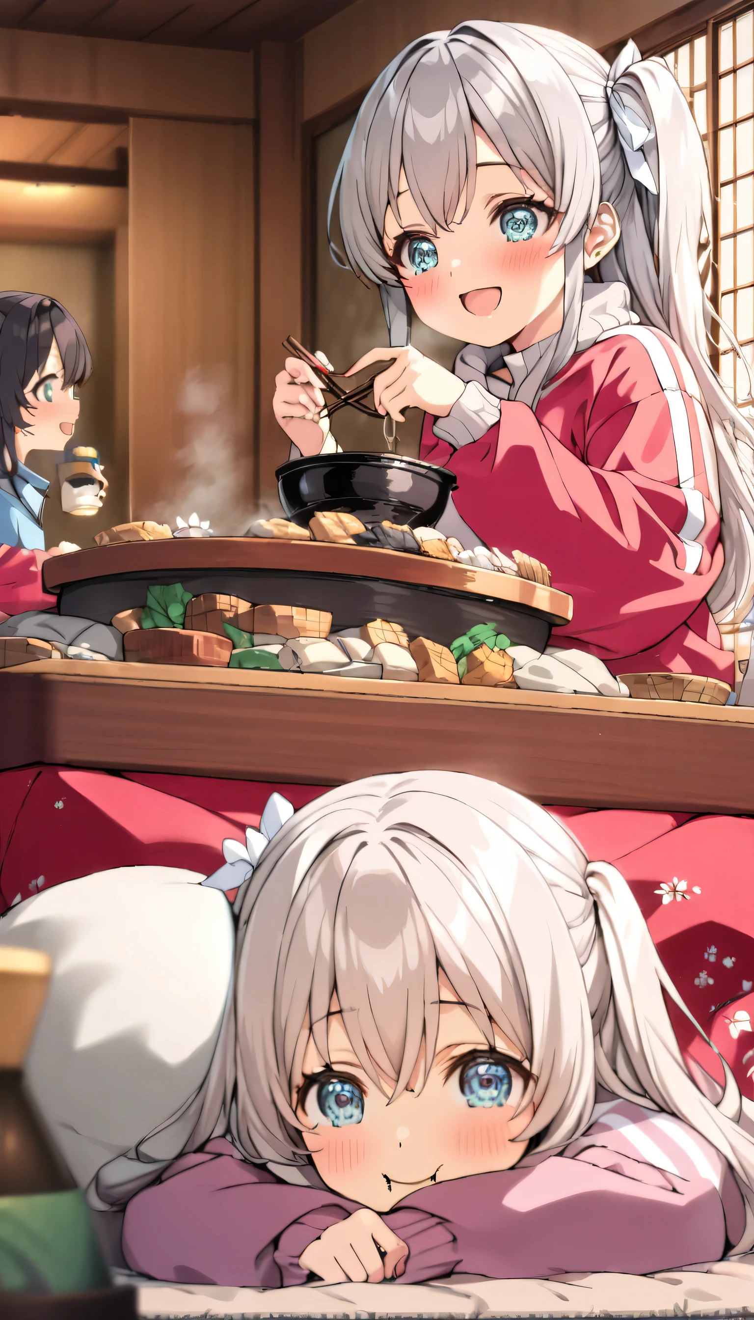 ((ultra-detailed)), (highly detailed CG illustration), (best quality:1.2), ultra-highly detailed, colorful composition, artistic photoshoot, girls, multiple focus, ((upper body:1.4)), moe anime character, age girl, dainty facial structure, (baby face), (round face), ((rounded chin:1.2)), ((ideal ratio body proportions)), celia-default, celia claire, (blue eyes), sparkle eyes, silver hair color, two side up, ((hair ribbon with pink)), ((ladies pink tracksuits with white ribbon)), ((surprised)), ((excited)), (happy), (joyful), (open mouth), ample breasts, best quality, masterpiece, ((eating Mizutaki-nabe:1.4)), ((with friends:1.4)), ((nabe party:1.4)), ((holding chopsticks)), ((pick the boiled meat with chopsticks)), ((sitting in a kotatsu in age girl's room:1.4)), ((there are many plates lined with meat and vegetables on the table)), best quality, masterpiece, from front, expecting, pink cheek, blush, light pink gloss slip, portrait, depth of field, soft lighting, sidelighting, (shine), lighting, caustics, ray tracing, smile, perfect face, lustrous skin, highly detailed face, highly detailed eyes, perfect face, perfect nose, perfect hair, perfect eyes, perfect anatomy, beautiful hair, beautiful small face, extremely detailed face, beautiful detailed eyes, beautiful clavicle, beautiful body, beautiful huge breasts, leavage, breasts squeezed together, equalize the size of the left and right breasts, beautiful fingers, 4 fingers, 1 thumb, lovely, (very detailed background:1.0), (highly detailed background:1.0), winter aesthetic, intricate details, joyful atmosphere, winter colors palette, chromatic aberration