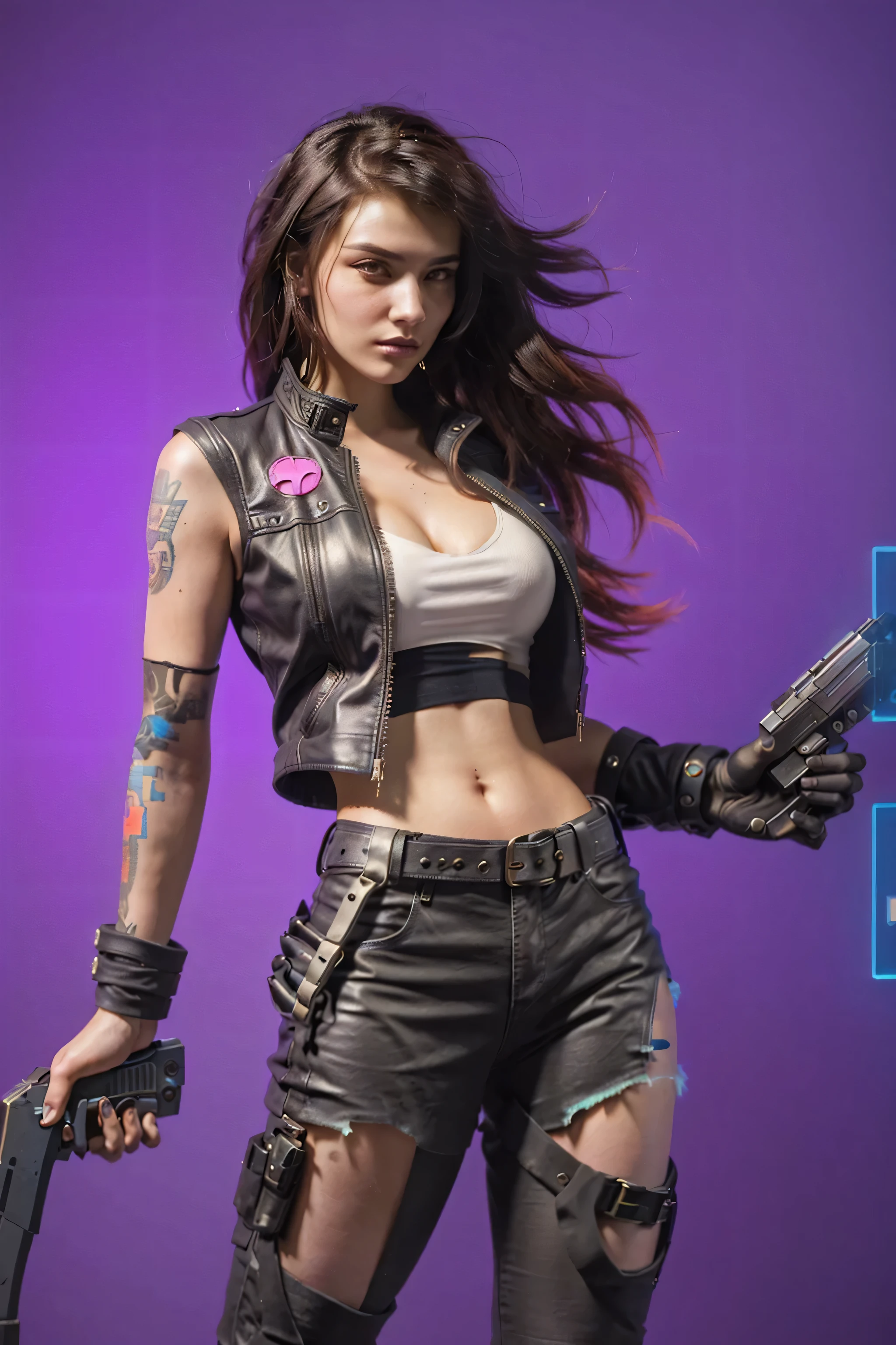(Realistic:1.4) cyberpunk girl images, (highest quality, 8k, 32k, masterpiece) , (Dynamic pose), ((Front camera)), Cowboy Shot, Shapeless hair, Multicolored Hair, Colorful cyberpunk combat armor, Depth of written interface f/1.8, (((((high angle view))))) of Cyberpunk city at night as background. (((1girl, solo))), photo realistic, (medium-breast slim body, cleavage), (((full bra top, extreamly short pleated (((miniskirt))) exposing panty))), (((((matrix style black sunglasses))))), (((((((aiming at viewer with a (short gun), (looking at camera)))))))), (((((half-body (thigh level) medium shot))))), (cinematic lighting).