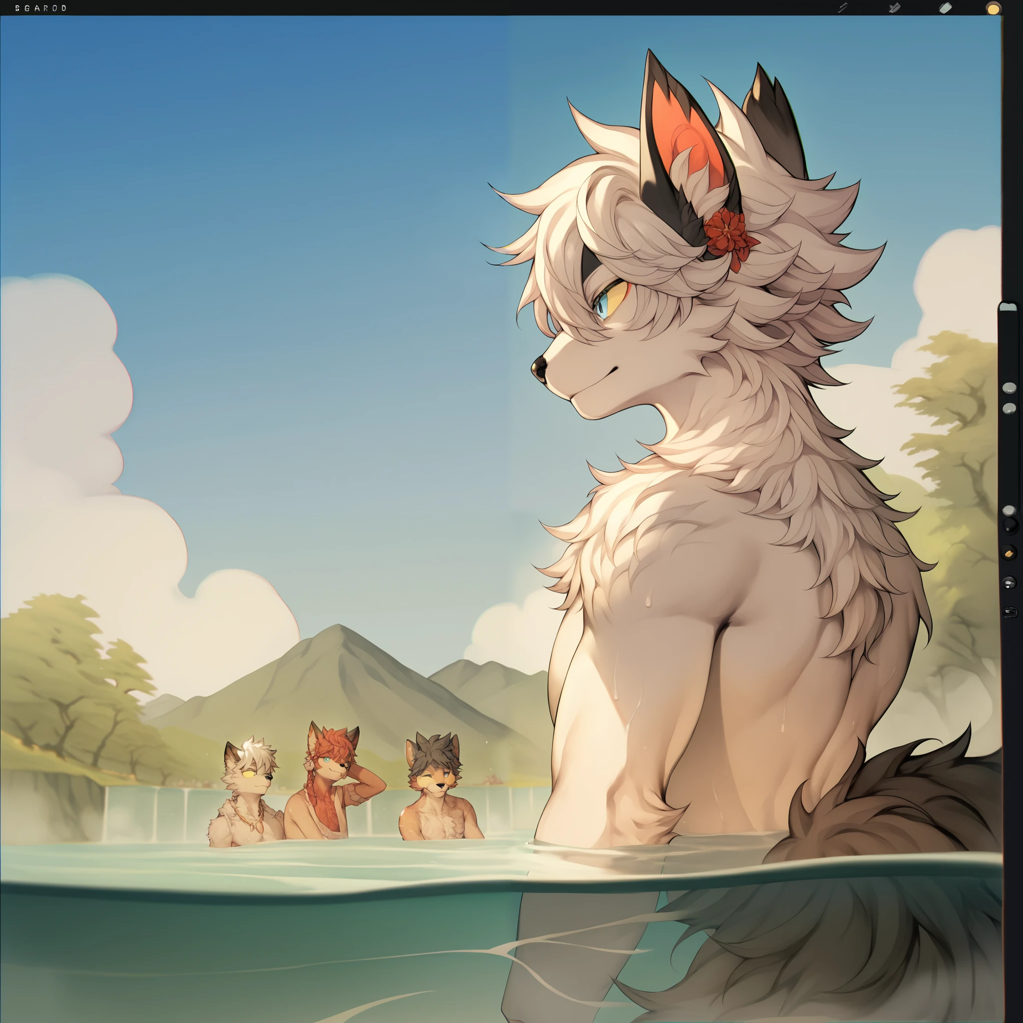 Score_8_up, 4K, ( Japanese cartoon , emer one ld {x} furry, beast, gentle lighting) 1 boy ,, 单人beast人男性猫科动物 , looking at the audience , with ambition , Black Nose, slim figure, White hair,, yellow-blue sclera, fluffy white tail,White belly , blue eyes ,naked, visible penis , Bathing in the lake , looking at the audience ,Clear blue sky