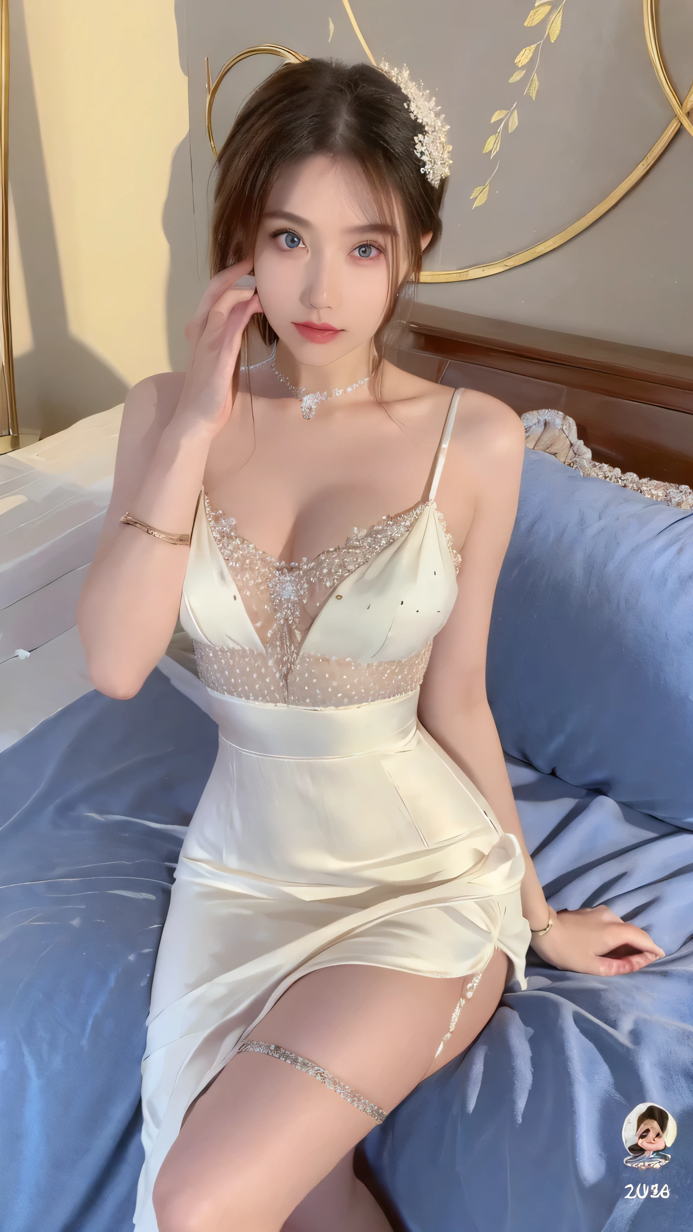 Mujer araffada con un vestido blanco sentada en una cama., vestido abierto, vestido sexy, hermoso vestido sedoso, joven sensual elegante, a stunning young ethereal figure, cautivador y tentador, light half vestido abierto, linda pose elegante, usando lenceria sexy, Ropa de pecho en V abierta, pose seductora elegante, luciendo un impresionante vestido color marfil, translucent silky dress, usando un vestido elegante
