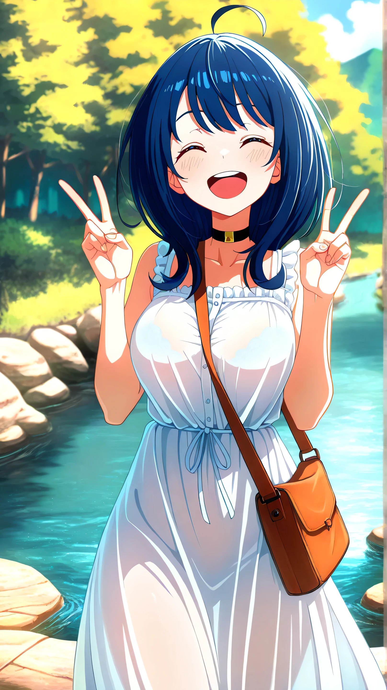 nsfw,masterpiece, best quality, highly dramatic picture, beautiful eyes, cinematic lens effect, ultra cute, horny , pervert, solo, ecchi, anime, cutesy,nature river,cowboyshot,anna-casual,yanami anna,blue eyes,blue hair,medium hair,white dress,sleeveless,long dress,sundress,(sheer dress:0.8),(bra visible through dress:0.75),(legs visible through dress:0.7),(pantie visible through dress:0.9),medium breast,wear the long strap bag diagonally over the one's neck to the opposite weist,big smile,closed eyes,opened mouth,(double v sign:1.3)
