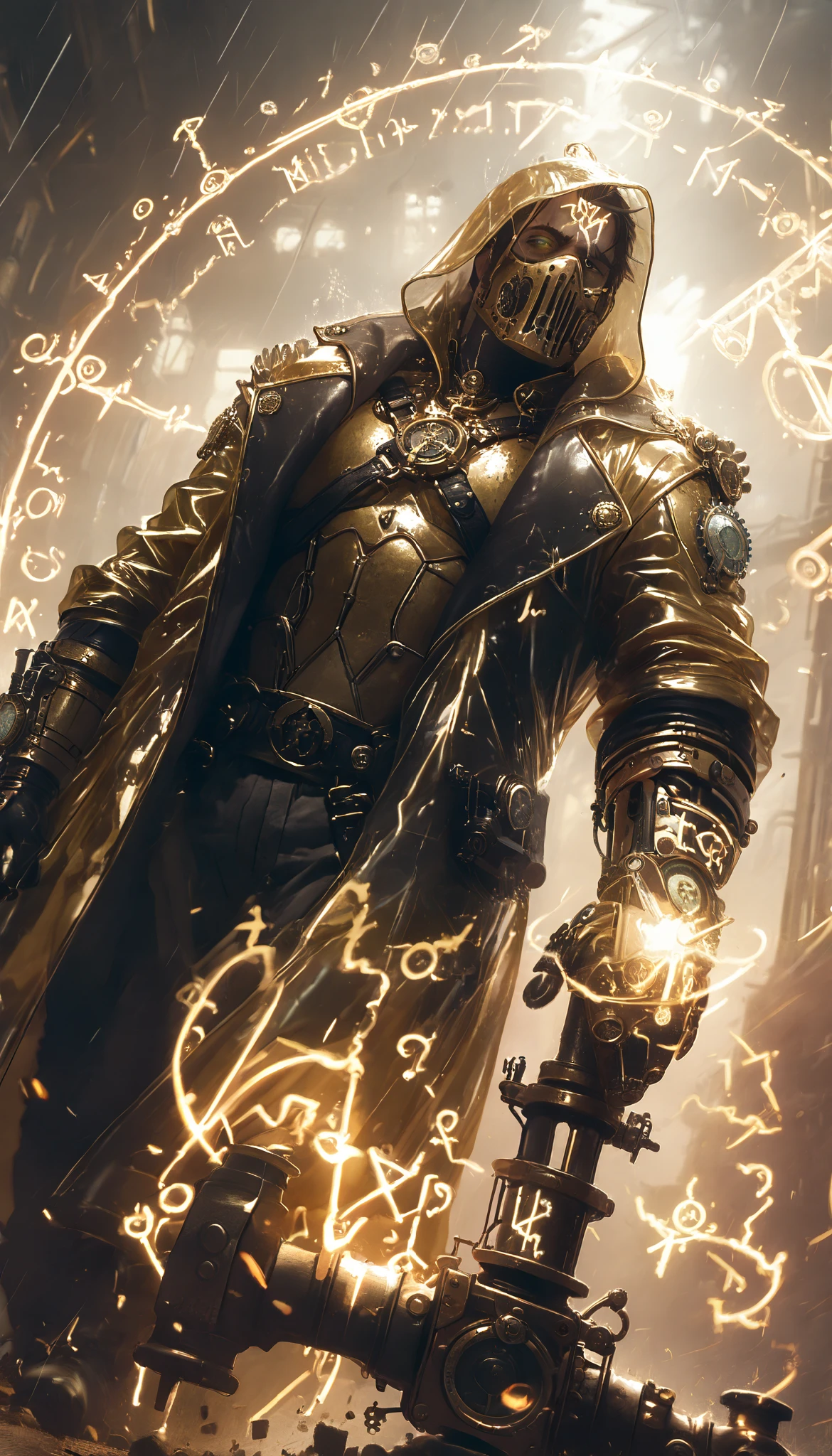 a man up close with a steampunk-style cybernetic glove with gears iron and steel pipes, straps that hold it to the body,shoulder-length prosthesis,(martillo mecanico),giant and heavy hammer,precision watch , electric coils , prollected vapor , Muscular man, obra maestra, the best quality, incredible quality , perspective, dynamic pose, dynamic Dutch angle,Alone , aged , brutal, cunning, looking at the viewer, looking straight ahead,a golden metal eye , raincoat , in front of the spectator, motion blur , facial scar, (runes:1.2), ( Brilliant Magic Runes :1.2)