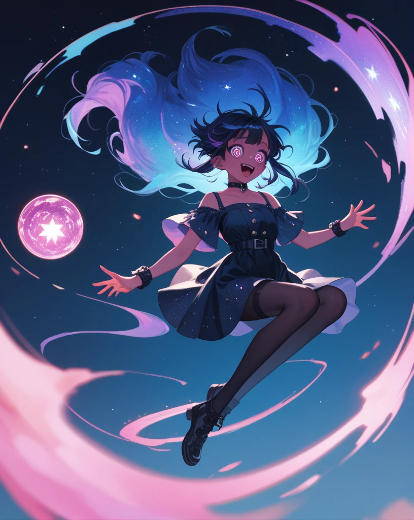 ((in the style of Ichikawa Haruko)), Houseki - no, The Land of Precious Stones, Original character, ((tmasterpiece)), (((beste-Qualit))), ((ultradetailed)), ((illustartion)), [The light effect of realism], eye shadow, (fantasy style), Background, illustartion, 1 girl, side glance, Crystal hair, Glowing Hair, shirt with collar, galaxy, Additional lighting, uniform, tie, puffy short sleeves, Shorts, Smile, puffy short sleeves, Puffy armbands, Shirt, short sleeve, sparkle, Small flat chest, BEAUTIFUL POSE, in full height, Sad look, depressive outlook (multi-colored hair, Hair gradient, Hair color from blue to peach, without bangs, (Side bangs), curly curl on the cheek, hairstyle: high ponytail, long tail), The eyes are crimson-red, Kneeling, Head Up, rainbow light around hair