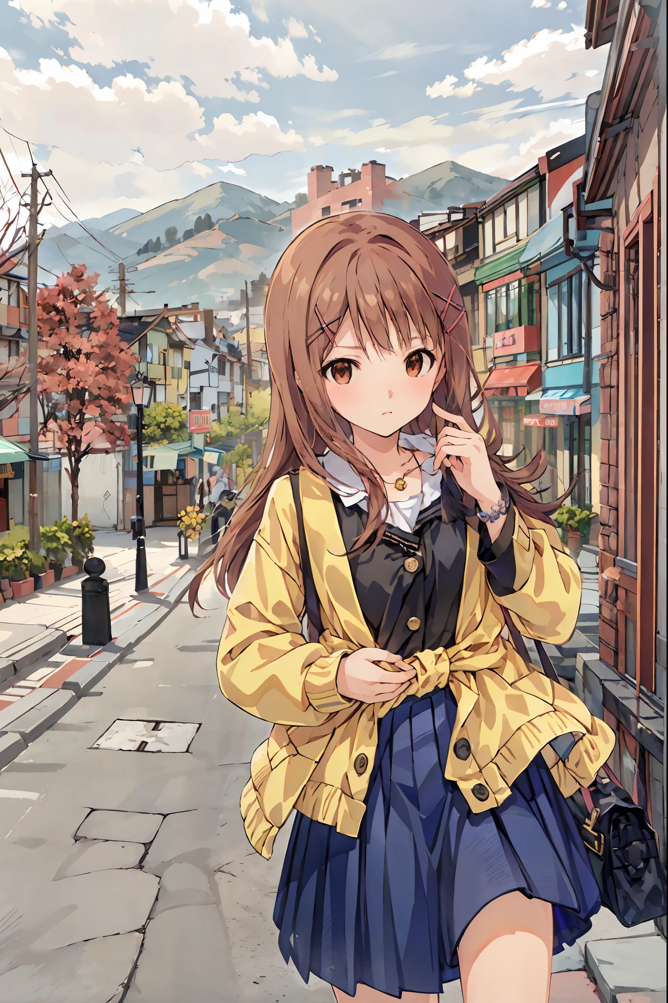 (( top quality)), ( very detailed), ( high definition CG synthesis 8K wallpaper), 高いly detailed, 高い-definition raw colbor photos, Professional Photoshoot, depth of written border, bright lighting 、 beautiful illustrations 、
(8k, RAW Photo , top quality, Masterpiece:1.2), ( by Nomi, by Nomi:1.37), very well detailed , 1 person, alone, cute、( See uniforms :1.2), ( that improves white space :1.2), ( white shirt:1.3), ( beige cardigan wrapped around the waist:1.3), ((Chest, The button is off):1.2), ( plaid pleated skirt:1.2), (( necklace, colorful bracelet , x hair accessories):1.2), Mountain, wood々Yellow leaves, autumn leaves、Background view , sunset, sunlight, Beautiful Afternoon, cloud, Wind in my hair, Leaves flutter, Environment details, More vibrant colors, Saturation effect