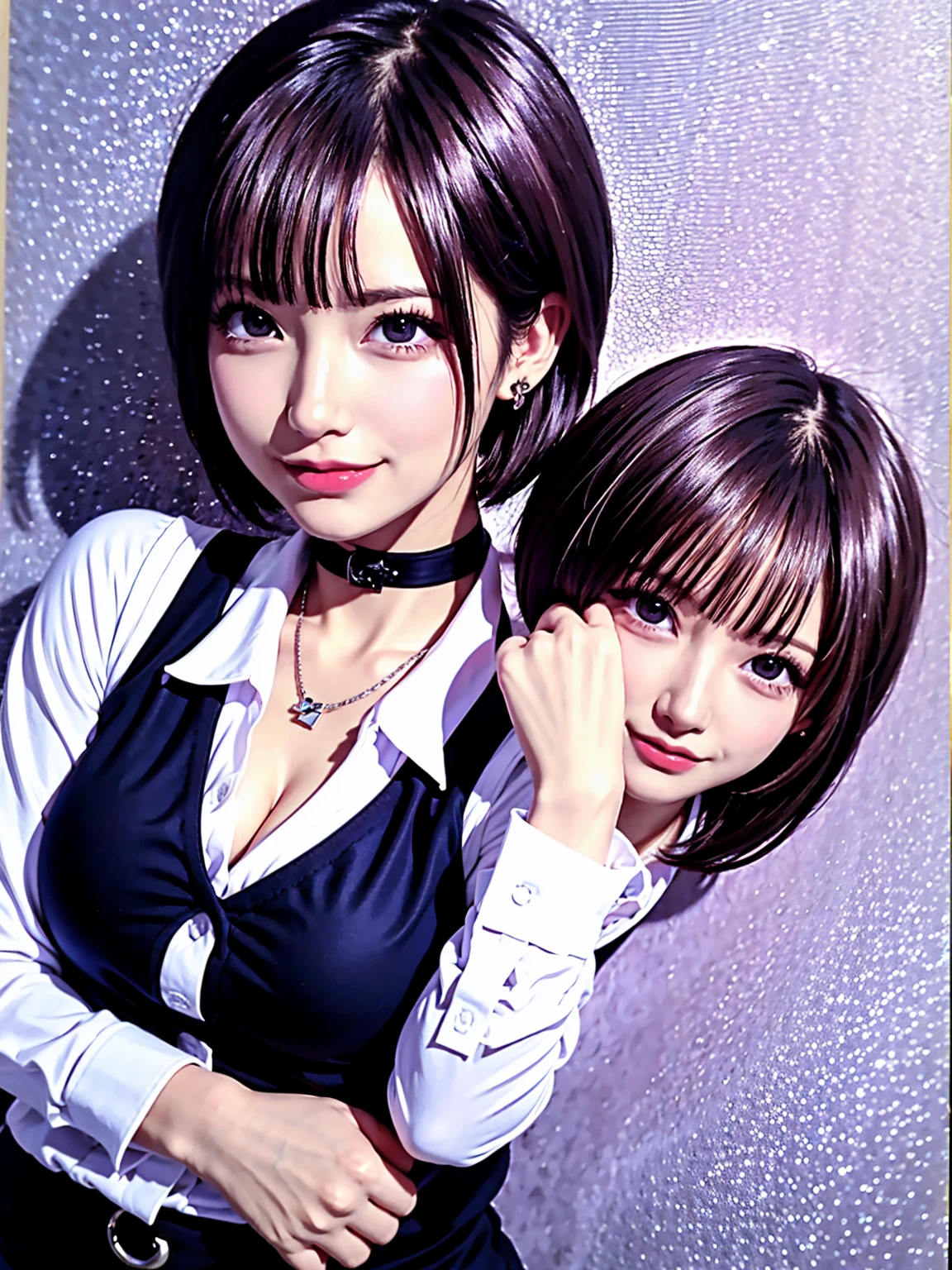 (Highest quality), Realistic, (live-action),(Short Hair,Sharp bangs)Highest quality,Highest quality,8k images,Pink Hair,High heels,Small face,((Big Breasts))Leg spread、1 gun,(((Point the tip of your gun towards the camera:1.6))),Highest quality32K