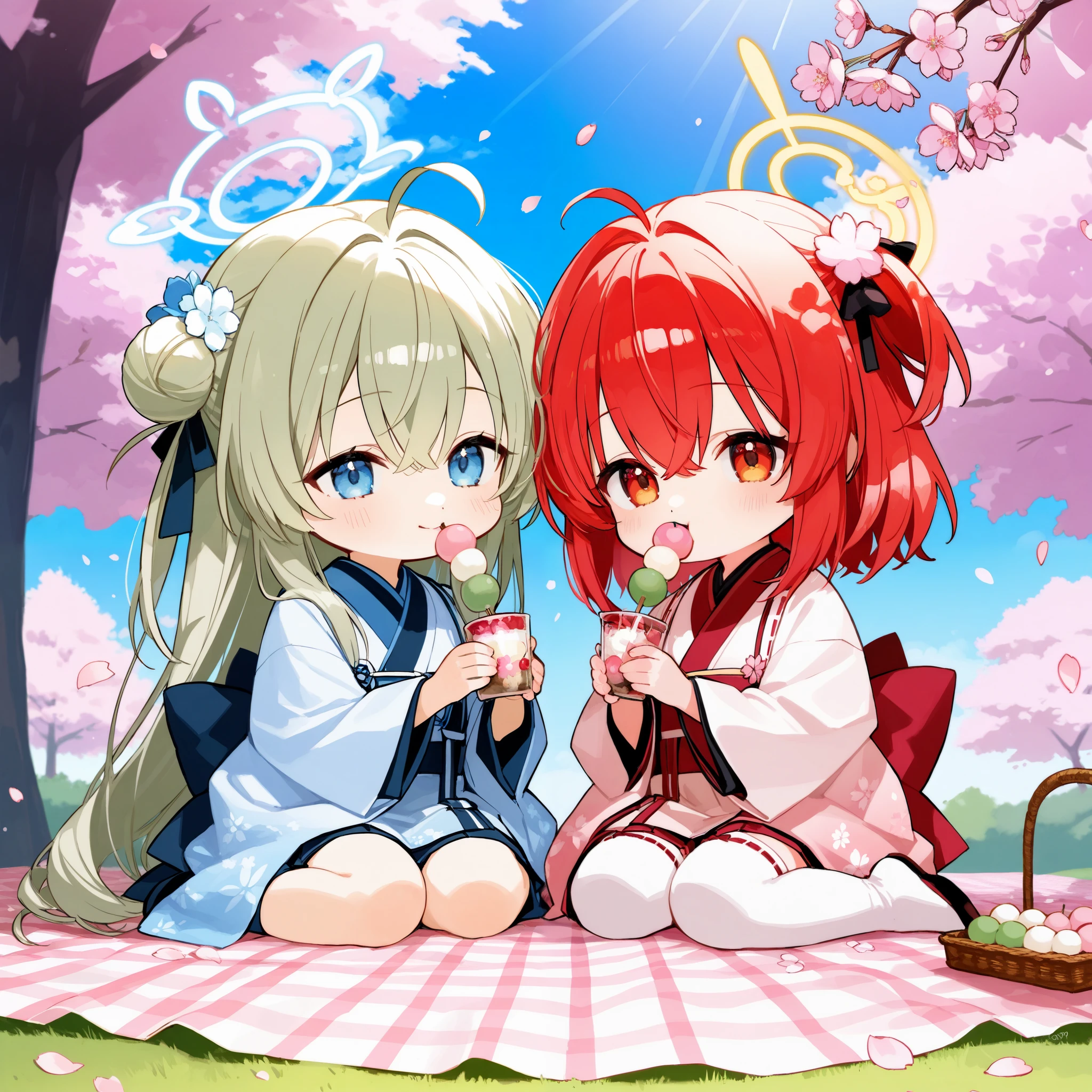 masterpiece, best quality, ultra-detailed, two chibi-style girls wearing elegant traditional outfits, one with blue and the other with red, are sitting on a picnic blanket under a fully bloomed cherry blossom tree. The sunlight filters through the petals, creating a soft, warm glow around them. They are enjoying traditional sweets, with one girl offering a piece of dango to the other. The setting is serene and peaceful, with pink cherry blossom petals gently falling around them.