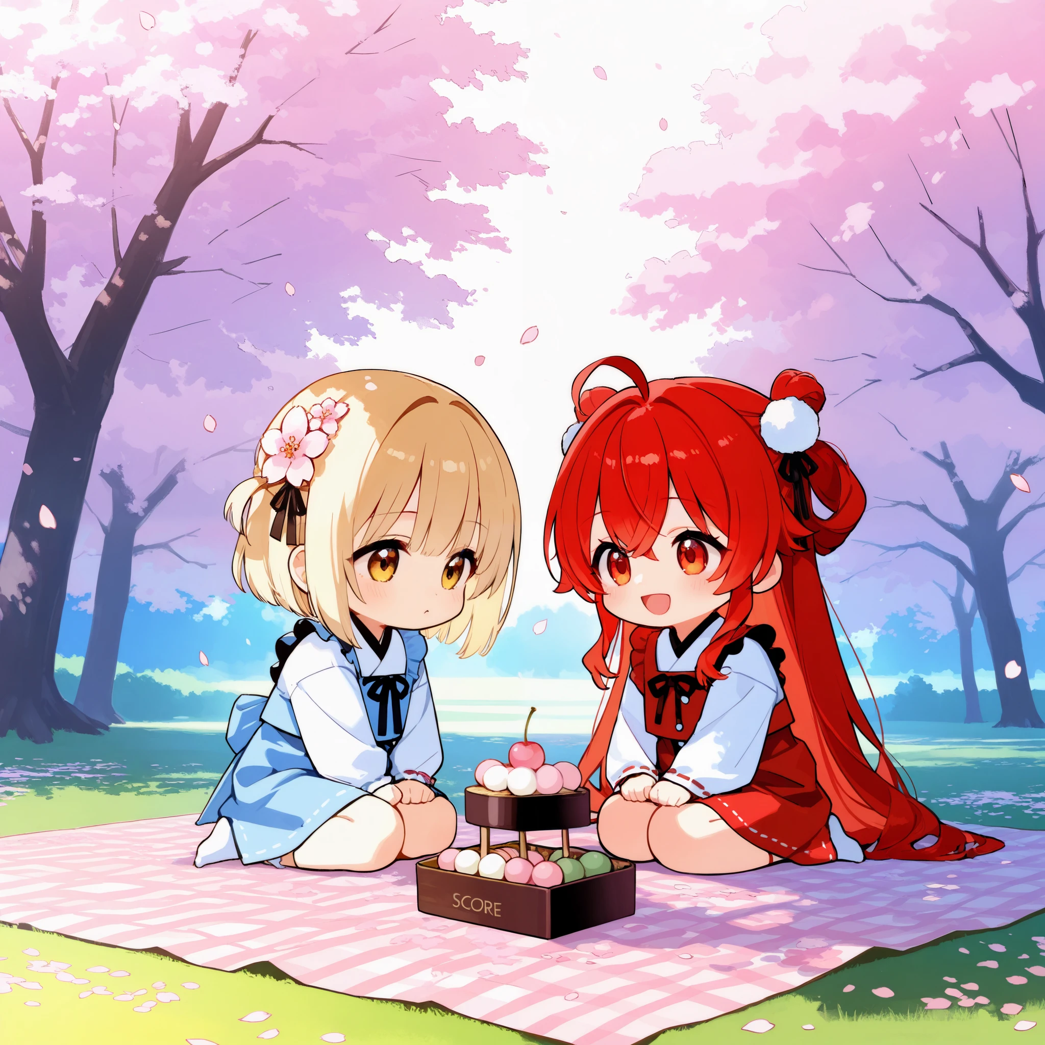 masterpiece, best quality, ultra-detailed, two chibi-style girls wearing elegant traditional outfits, one with blue and the other with red, are sitting on a picnic blanket under a fully bloomed cherry blossom tree. The sunlight filters through the petals, creating a soft, warm glow around them. They are enjoying traditional sweets, with one girl offering a piece of dango to the other. The setting is serene and peaceful, with pink cherry blossom petals gently falling around them.