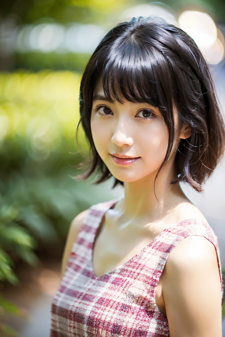(highest quality,masterpiece:1.3,Ultra-high resolution),(Super detailed,Caustics,8k), (Photorealistic:1.4, RAW shooting),Backlight,sunshine,blue sky,Japanese garden,Japanese,20-year-old,smile,Natural brown medium hair,(Short-sleeved tops),(Bust up shot),Natural light,Lens flare,Low position,Low - Angle,Face Focus,Face close up