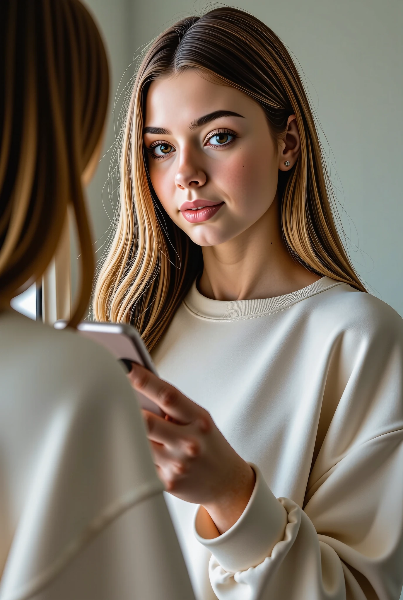 Beautiful girl in a sweatshirt, straight hair and light eyes holding a phone in front of the mirror