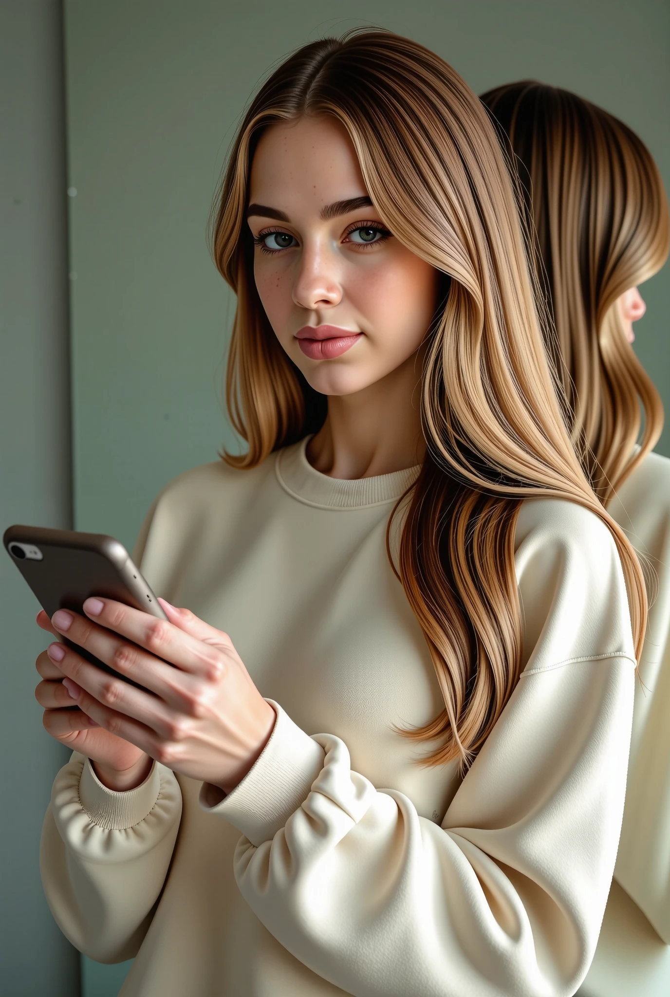 Beautiful girl in a sweatshirt, straight hair and light eyes holding a phone in front of the mirror