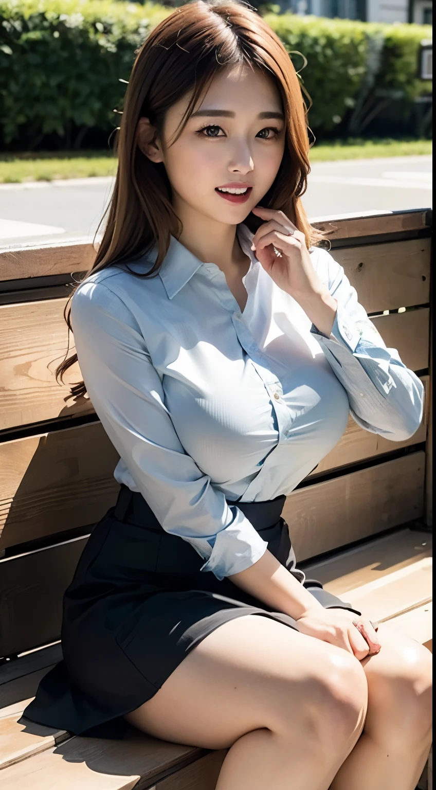 Masterpiece、 top quality、 super detailed、 Hi-Res、 8k wallpapers、 perfect dynamic composition,、 beautiful eye with attention to detail、( beautiful big breasts:1.2)、 bench on the roof of an office building 、Surrounding flower beds、 young office lady sitting on a bench (woman, Japan, 23 years old)、Shortcut、 brown hair、 white business shirt、 knee-length dark blue business skirt 、 black stockings 、Leather shoes with heels、 knee-length dark blue business skirt 、 drinking a sandwich or a drink from a paper cup、美しいwomanが昼食を食べています、smile