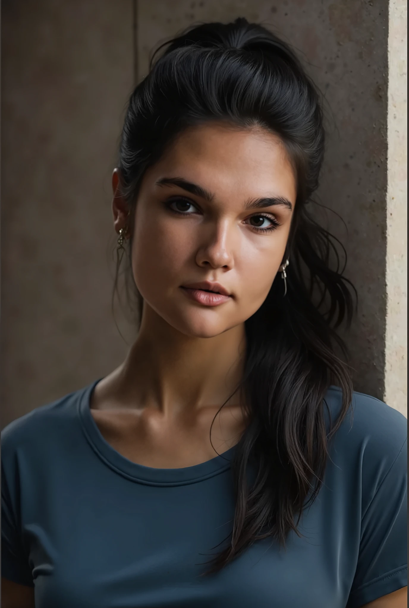 Arafed woman with long black hair and a blue shirt - SeaArt AI