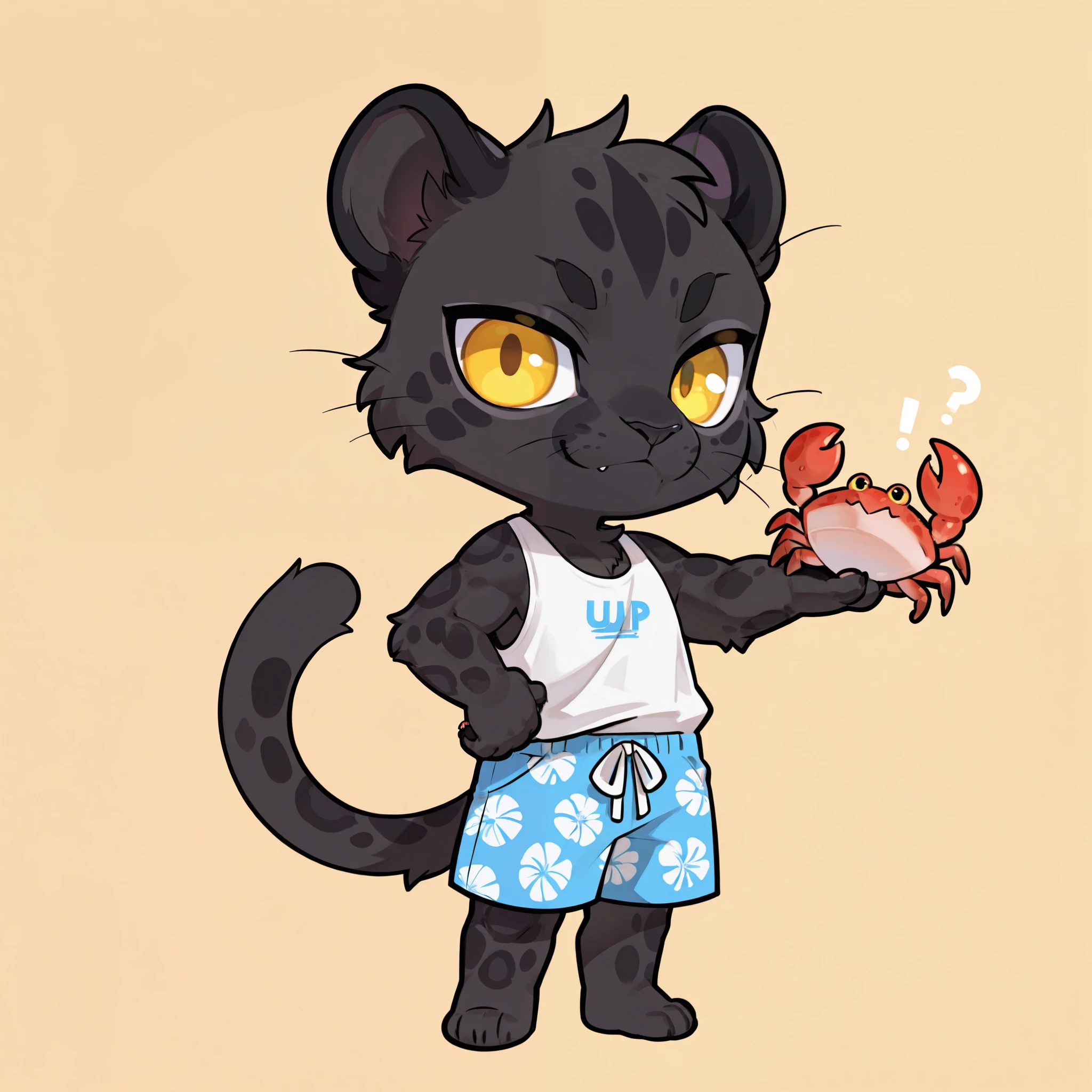Spotted black panther furry, yellow eyes, spotted black panther, summer clothes, man, masculine, spotted black panther features, summer, solo, chibi, chibi character, holding crab