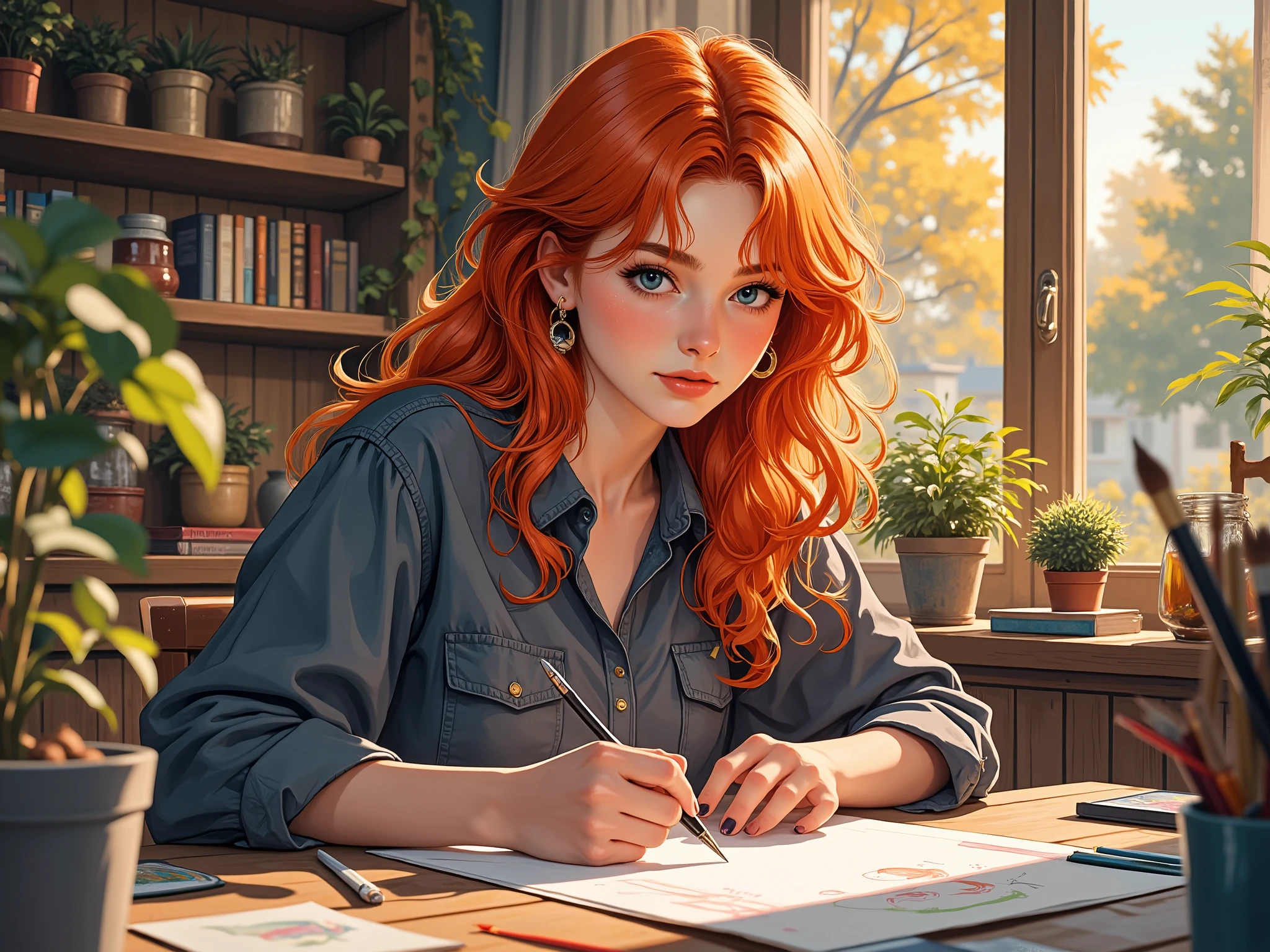 a girl with long red hair, blue eyes, sitting at a table and drawing. Sosredatochena at work. Evening time of day.