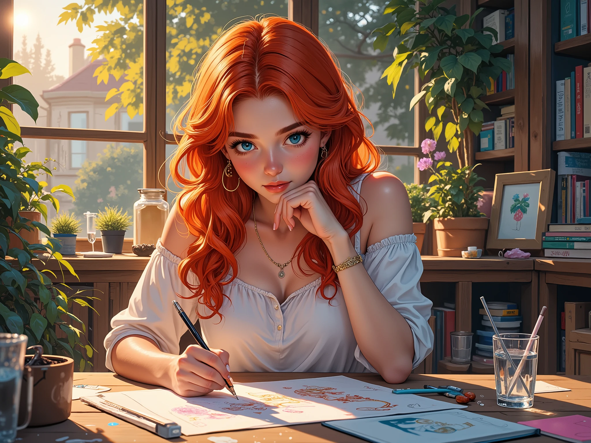 a girl with long red hair, blue eyes, sitting at a table and drawing. Sosredatochena at work.  Evening time of day.