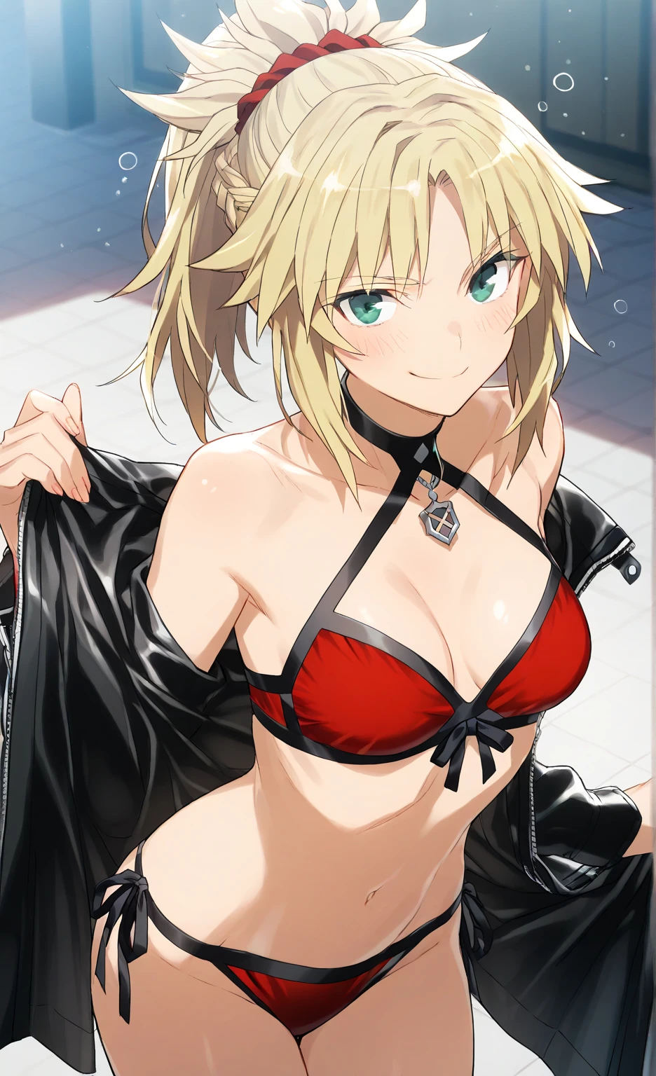 mordred, green eyes, blonde hair, ponytail, short hair, scrunchie , red scrunchie , hair scrunchie , medium breasts,smile,, Official art best quality ( best quality )、(Nonsense)、( very detailed)、( very beautiful way to hold ) information best quality 、 Ultra-fine、Most HD、 very detailed、masterpiece、 best quality 、{{ beautiful face and attention to detail}}、cheek、 Ecstatic face、 drunk 、 (masterpiece))、( best quality )( very detailed)、( very aesthetic)( best quality )、(Nonsense)、( very detailed)、( Very Beautiful )