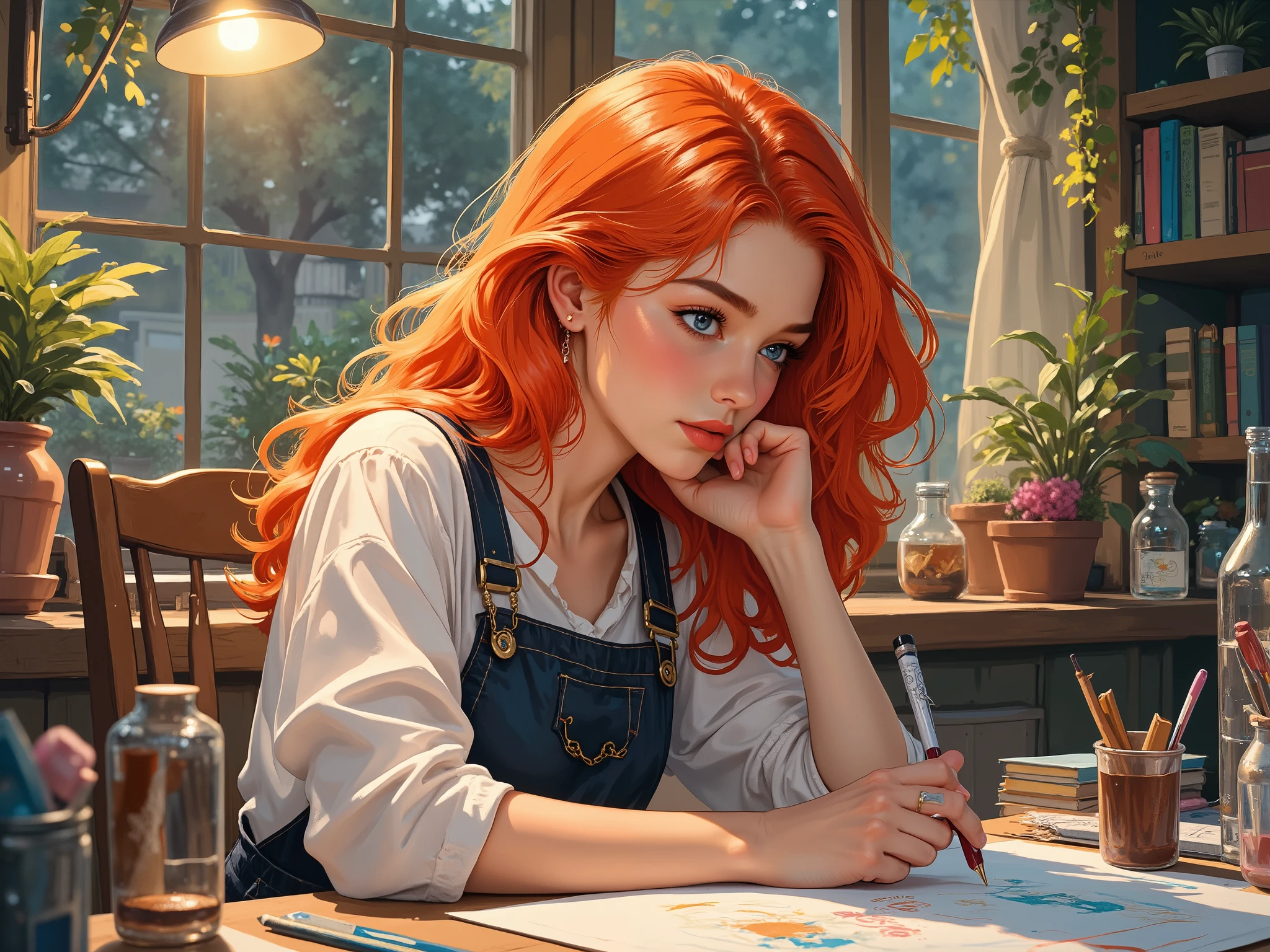 a girl with long red hair, blue eyes, sitting at a table and drawing. Sosredatochena at work. Evening time of day.
