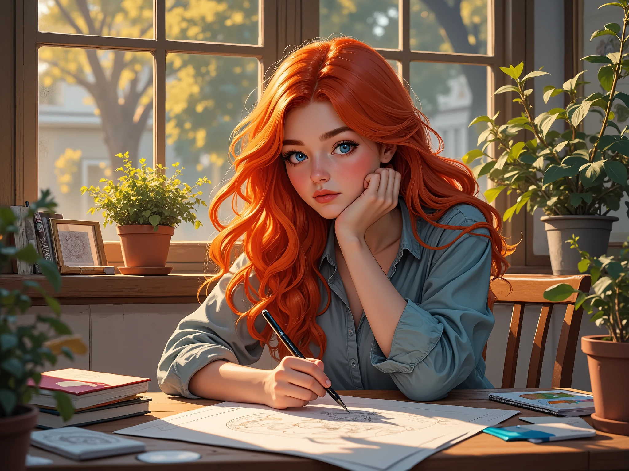 a girl with long red hair, blue eyes, sitting at a table and drawing. Sosredatochena at work. Evening time of day.