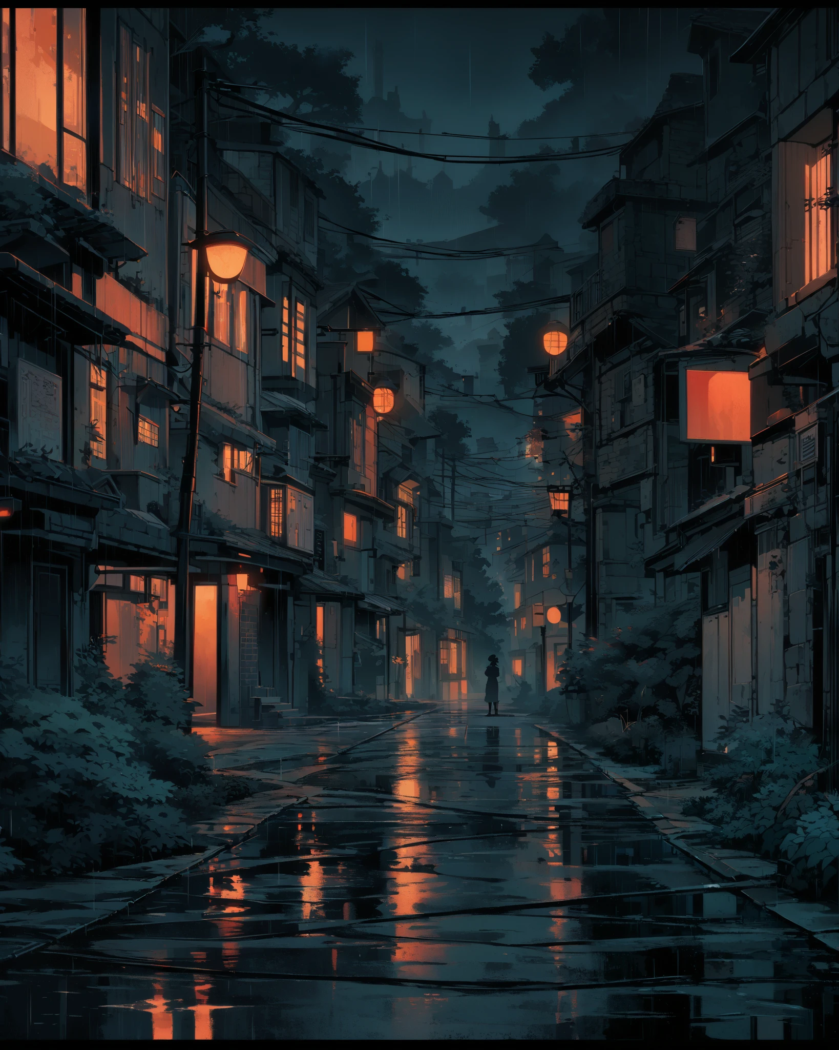 wide view, a beautiful rainy day scene, res and bkue apartments, cross road, dark evening tike, ancient street light, reflection on road, moody tones, tree branches, pole and wires,shade, shadow, ghibli style, vibrant tones, micro landscape