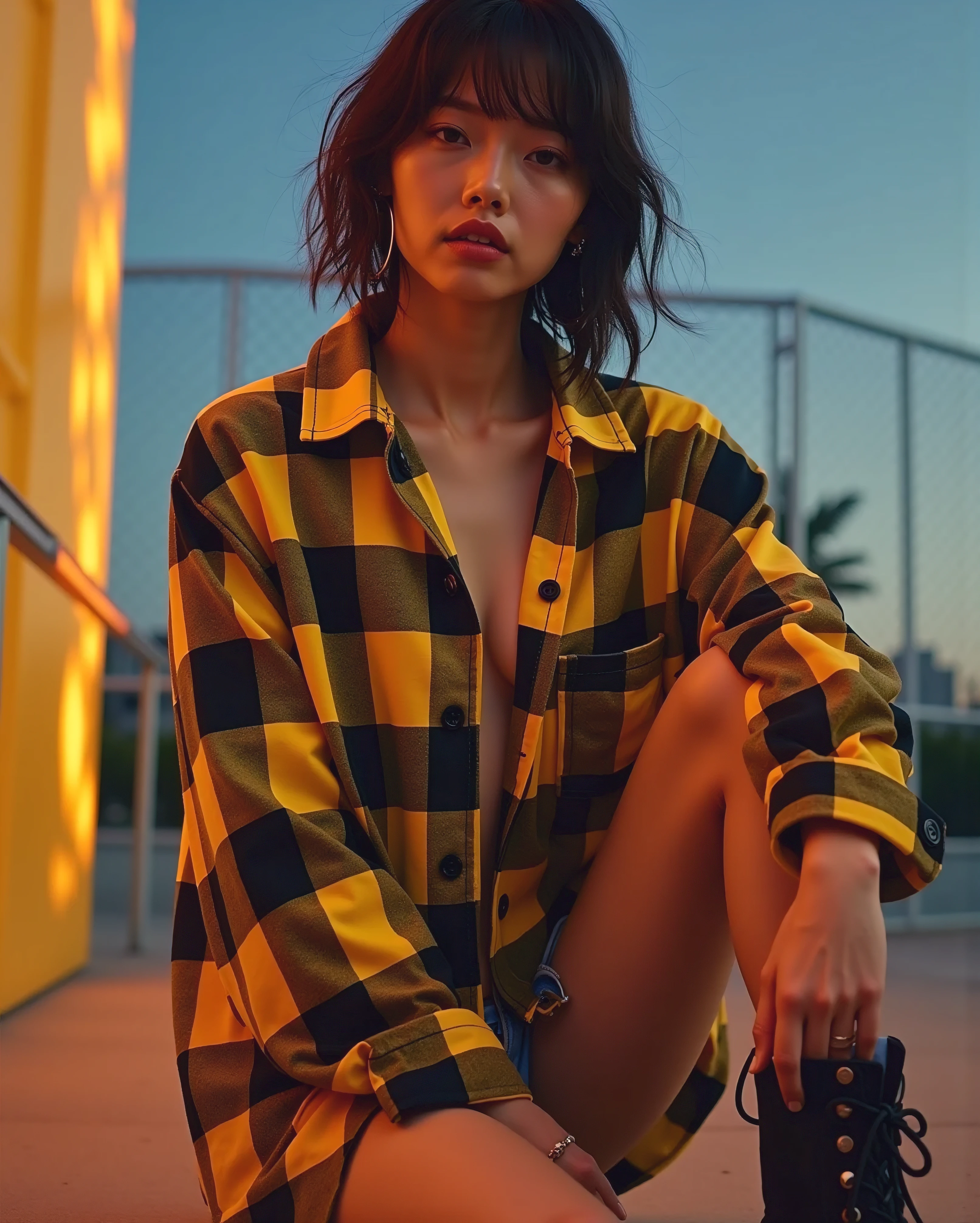 (((Full body view))), Cinematic photography of a tall skinny beautiful Korea sensual actress Bae Doona with only wearing a very very revealing halftone-pattern yellow and black oversized flannel shirt and thigh-high boots is kneeling sensually inside an empty skatepark at sunset and looking at the camera, (((Bae Doona realistic face:1.3))), (((very beautiful thin face, perfect detailed eyes, very pointy nose))), (((looking at camera, very lustful gaze))), (((very lustful smile))), (((messy hair with a bang:1.3))), (((very skinny sensual tall body))), (((kneeling))), wearing a (((very very revealing halftone-pattern yellow and black oversized flannel shirt))), very very revealing halftone-pattern oversized flannel shirt with (((yellow and black color))), exposing her beautiful big round breasts, very large areola protruding, exposing her very very pointy nipples shape, (((slim abs))), (((very skinny legs))), (((spreading legs))), (((not wearing underwear panty))), (((very very dense pubic hair))), wearing (((thigh-high boots))), (((perfect skinny body anatomy))), very sensual (((kneeling pose))), background is (((an empty skatepark at sunset))), a photorealistic painting by Antoine Wiertz, featured on reddit, hyperrealism, cinematic lighting, very sharp focus, narrow depth of fields, Kodachrome film color, night photography, 90's erotic fashion photography, 90's grunge style, Bae Doona sensual prostitute girl, sensual smoking body, very very revealing halftone oversized flannel shirt, hot looking Korean prostitute girl, sensual movie photo, Bae Doona in yellow and black oversized flannel shirt, ultra sensual look, editorial photography on Vogue magazine, high-end fashion, grunge style, 90's artistic porn