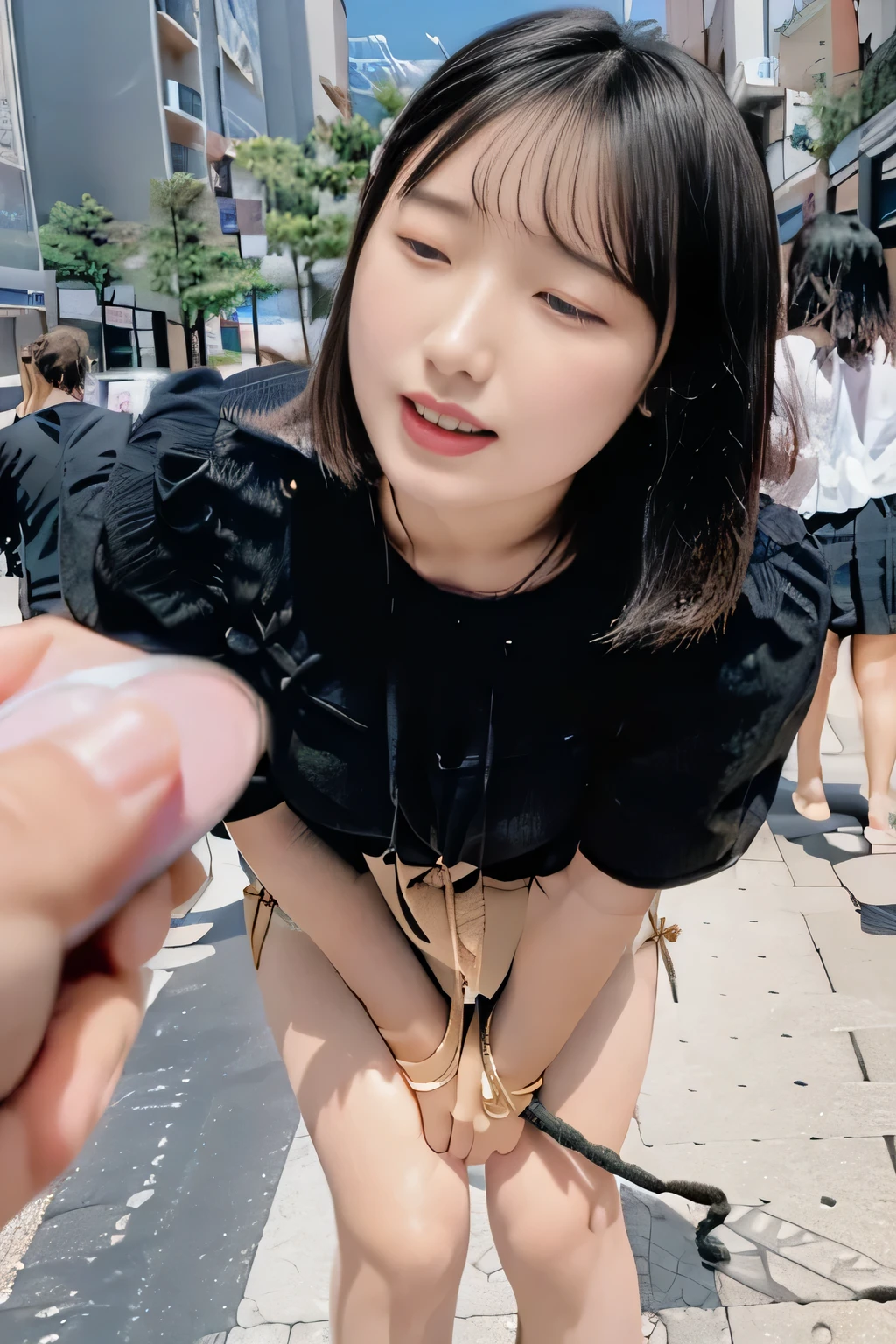Vibrator prank in the city ,Women in the city, is Gwen tied with a rope .,( she closes her eyes thinly ),She is yawning, holding a pink remote control on the outside of the frame , She wants me to stop using a vibrator , She puts her hand on her crotch , She is wearing a mini dress、 mini skirt dress、Tourists around 、crowd、 sweated、 pure erotic face、( masseter area :1.3)、(8k、Photographically、 RAW Photo 、 top quality: 1.4)、( one girl feeling at ease walking through a crowd )、 very beautiful face 、 very beautiful face 、 very beautiful face 、( Extremely Realistic Face )、( black hair:1.3)、 very beautiful hairstyles per person、Very realistic eyes、Very beautiful details、( VERY REALISTIC SKIN )、 Very beautiful skin 、 absurd、Very attractive、 ultra high resolution、 surreal、 high image quality、 golden ratio、 golden ratio、 golden ratio、 beauty、 beauty、 beauty。Shirata Mame
