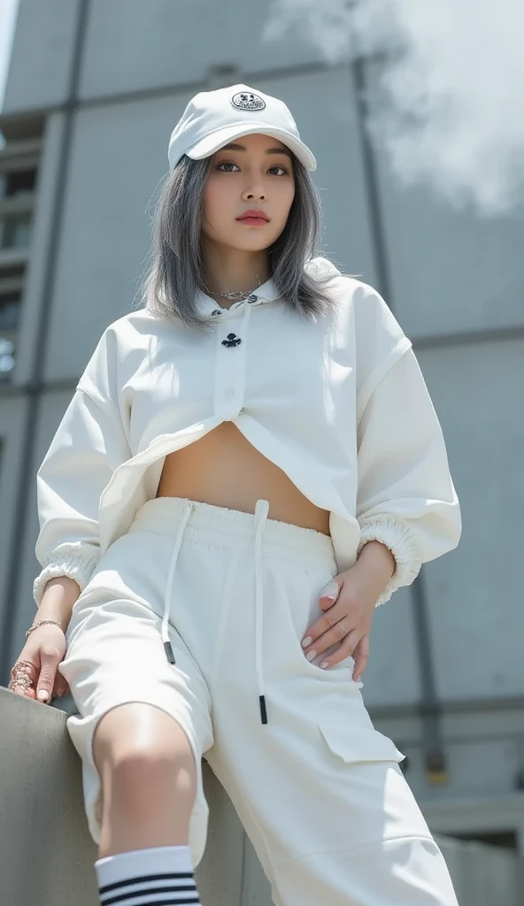 1 Girl, This will be, Looking at the audience, white hair, there is nothing, Cat ears, Cat&#39;s Tail, White shirt, Open your clothes, City, Babaizi