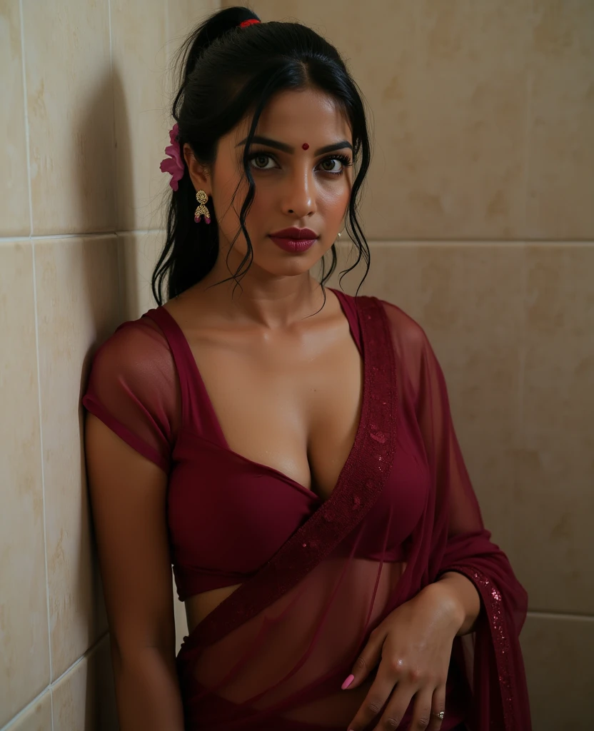 Tamil girl, sexy face, wet body, low waist navel, deep navel, red saree, transparent saree, cleavage