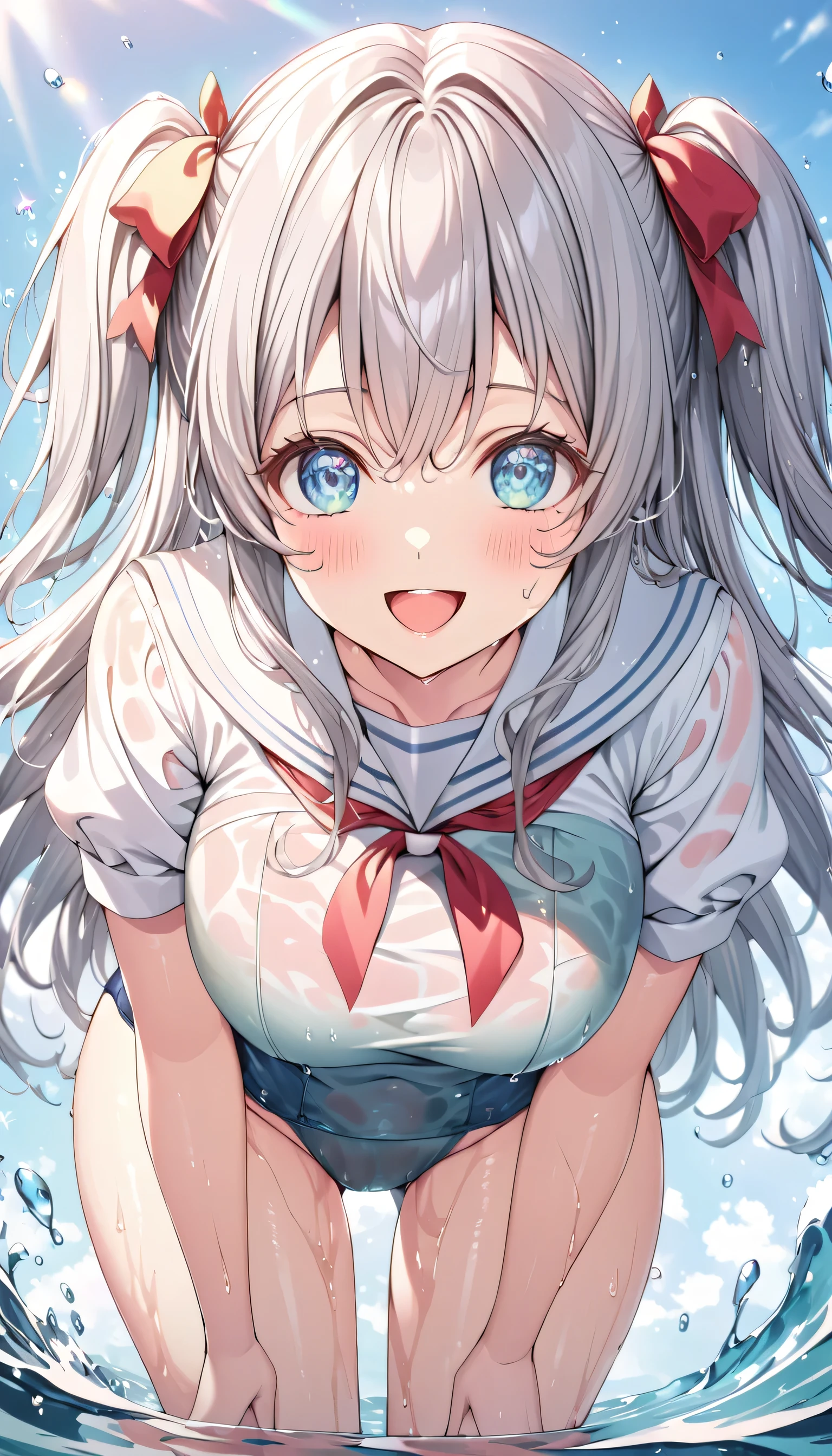 ((ultra-detailed)), (highly detailed CG illustration), (best quality:1.2), ultra-highly detailed, colorful composition, artistic photoshoot, 1girl, solo focus,  ((thigh to top:1.4)), ((cowboy shot:1.4)), moe anime character, age girl, dainty facial structure, (baby face), (round face), ((rounded chin:1.2)), ((ideal ratio body proportions)), celia-default, celia claire, (blue eyes), sparkle eyes, silver hair color, two side up, (hair ribbon with red), ample breasts, (white sailor school uniform top), (red tie), (sailor collar), (school swimsuit under the sailor suit is see-through), ((wet clothes)), ((wet body:1.4)), ((smile)), ((open mouth:1.4)), (standing in the sea), best quality, masterpiece, beautiful detailed sky, sunshine pouring down, ((water splashes sparkle in the sunligh)), dynamic pose, from front, expecting, pink cheek, blush, light pink gloss slip, portrait, depth of field, soft lighting, sidelighting, (shine), lighting, caustics, ray tracing, smile, perfect face, lustrous skin, highly  detailed face, highly detailed eyes, perfect face, perfect nose, perfect hair, perfect eyes, perfect anatomy, beautiful hair, beautiful small face, extremely detailed face, beautiful detailed eyes, beautiful clavicle, beautiful body, beautiful huge breasts, leavage, breasts squeezed together, equalize the size of the left and right breasts, beautiful thin thighs,  beautiful legs, beautiful fingers, 4 fingers, 1 thumb, lovely, (very detailed background:1.0), (highly detailed background:1.0), summer aesthetic, intricate details, joyful atmosphere, summer colors palette, chromatic aberration