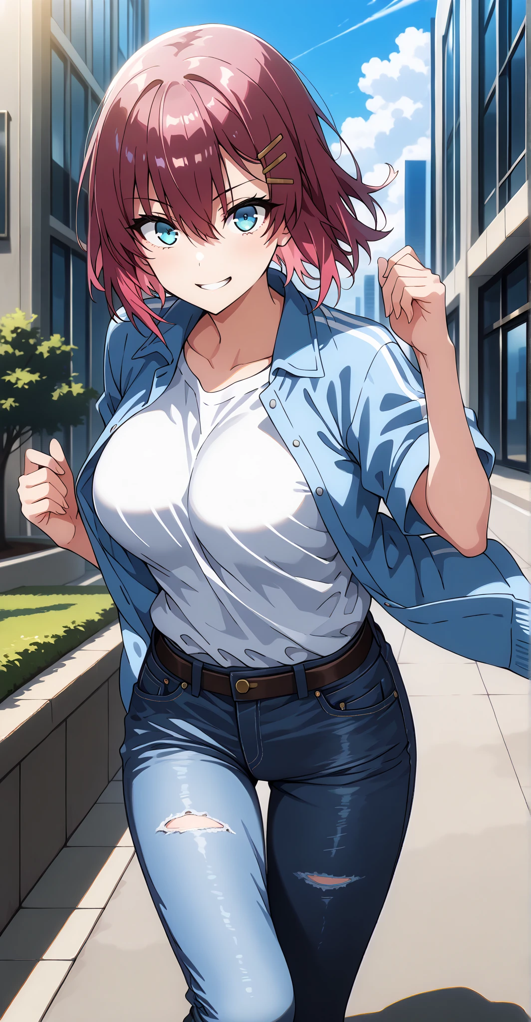masterpiece, best quality, amazing quality, very aesthetic, absurdres, newest, scenery,highly detailed,high-resolution, {{Increase saturation:1.2、Highly colored}} looking at viewer,smile, solo, AkaneNanao,1girl,red hair,short hair,hairclip,blue eyes, Medium breasts,
blue jacket, white shirt, jeans