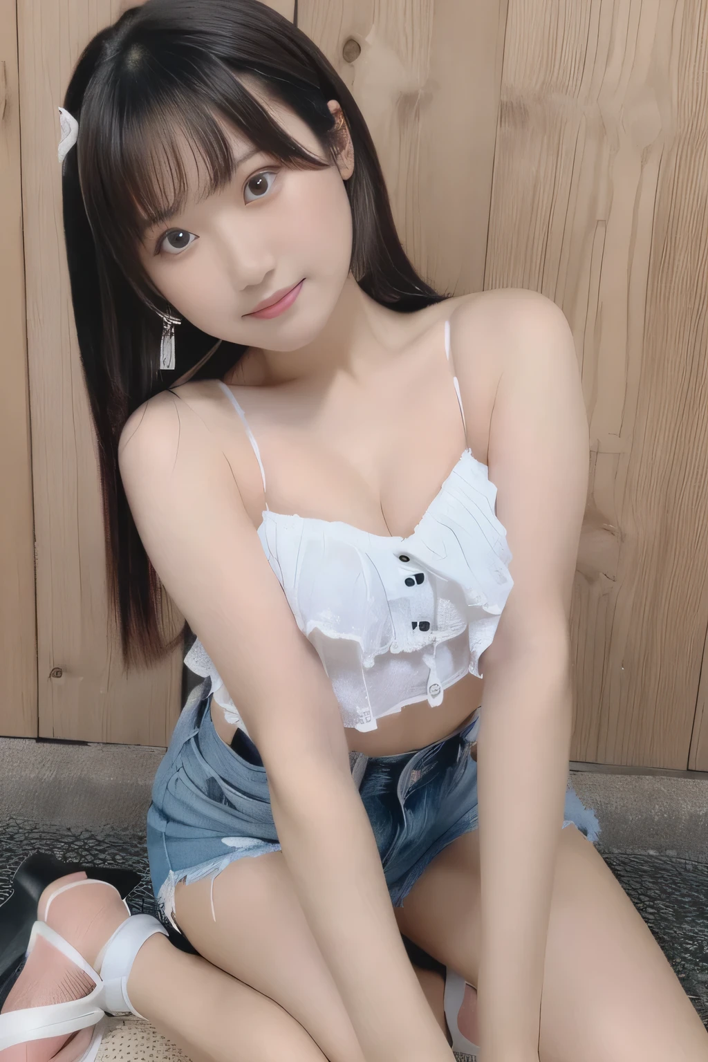 (8k、 RAW Photo graphy、 top quality、 Masterpiece:1.2)、( by Nomi、 by Nomi:1.37)、 ultra high resolution、 one girl、 cute、(( full body shot ))、(Laughter:1.1)、 big size、 beautiful eyes、 perfect body、 perfect fingertips、 professional lighting 、Slim fit pink Bustier ( strapless)Bustier、 fits perfectlyなBustier、 emphasizes body line、 sleeveless、( strapless)、 pink Bustier fabric covers chest to stomach 、 slim fit denim hotpants with smooth trim 、 fits perfectly、レースアップのホワイトレザーロング bbo~、 bbo~、Japanese goddesses、 gravure separately、 detailed face and skin texture、fine grain、 RAW Photo 、Shirata Mame