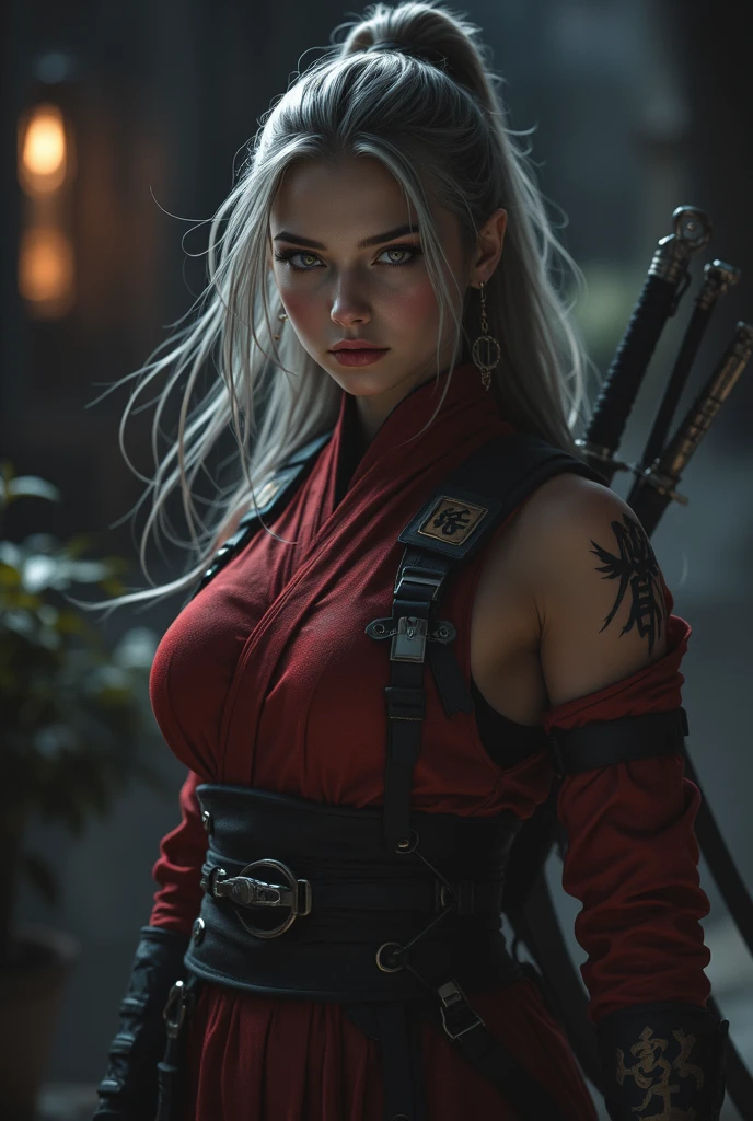 Mystical planet in the background, colorful design , beautiful woman samurai ninja in battle stance, Aurora, mythical, fatale seduction erotic pose, pore white hair, small tits, big eyes, body covered with tattoo, red lips, erotic, dark light, white dress,glowing light, katana sword in her right hand,
