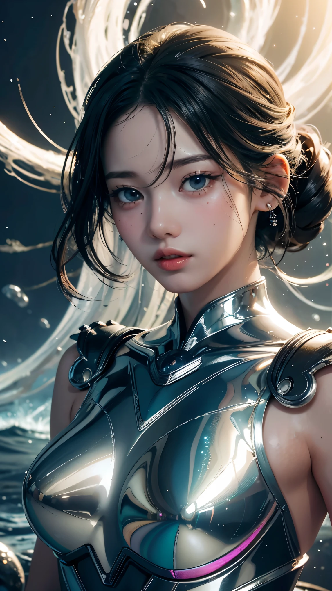 best quality, masterpiece, realistic, 1girl,  metallic dress, messy [updo|hanging] hair, (full body:0.6), solo, (full body:0.6), looking down, detailed background, detailed face, Sc3pt4, sci-fi theme:1.1), mercury-wizard, melancholic, surrounded by waves of iridescent silver, alchemical imagery, reflections, silver-colored fluid, metallic sheen, shiny, dynamic pose, fluid movement, floating particles, droplets of mercury, flowing metal, blending mercury, a foreign planet in the background, dripping mercury formations, volumetric lighting, cinematic atmosphere, sharp details, high detail skin, realistic skin texture, perfect body, 
