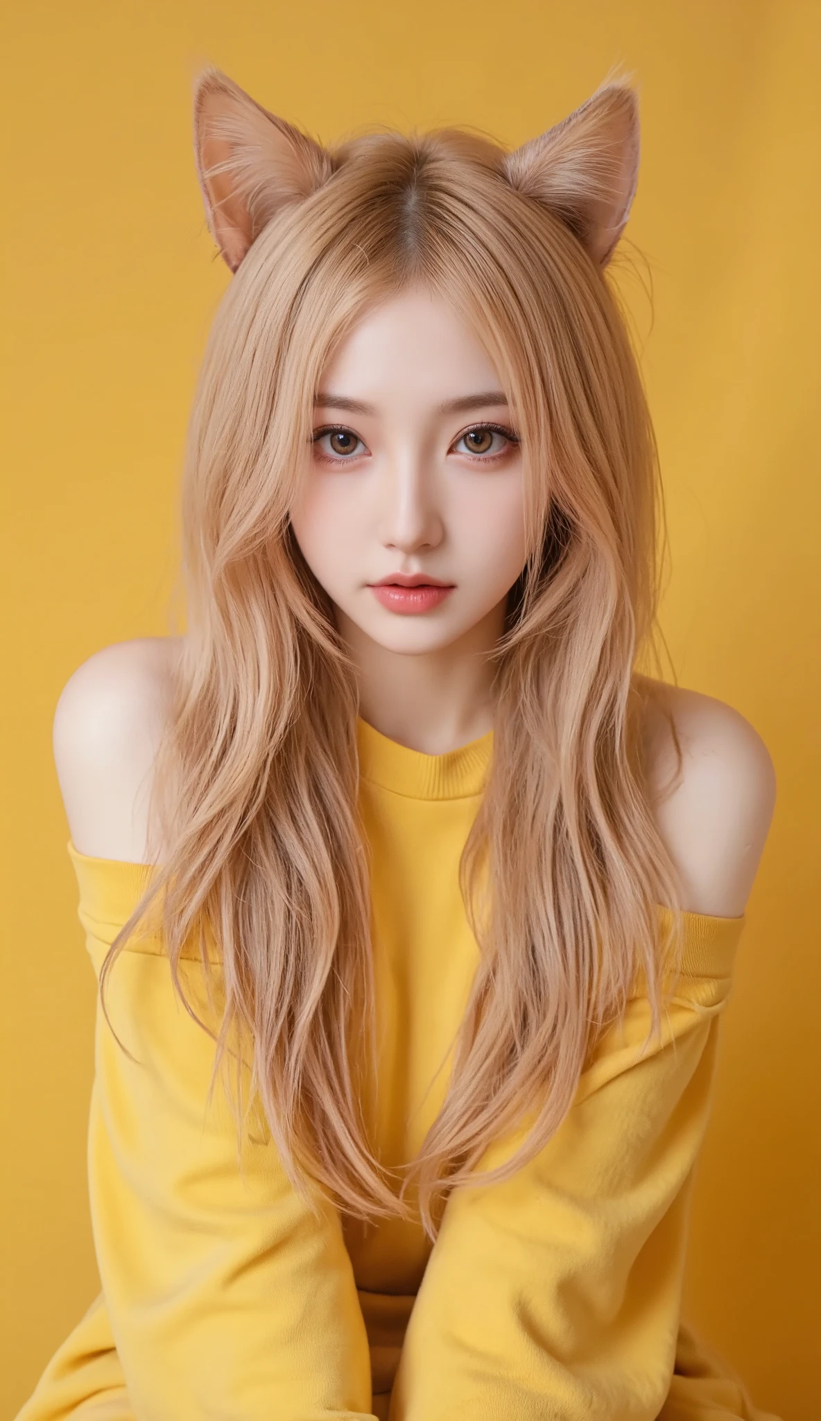 Masterpiece, top quality, 4K, photorealistic, Bokeh, Awareness-raising, girl, ( charming eye for perfect detail :1.2), colorful hair, ( gradation hair streaming on youtube), (yellow + soft long hair with square brackets :1.6), (Cat ears:1.2), fantasy background , ( exposed bare shoulders ), (A sleeve of long-term alienation), ( Lean forward a little ), head tilt, Movie Lighting, oversized clothes, ( seductive poses:1.4), (yellow + square bracket background :1.6), beautiful light brown eyes , close,