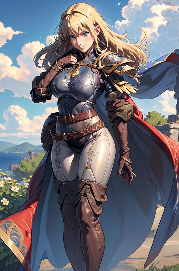 (8K, RAW Photo, the best quality, master :1.2), ( Realistic, fotor Realistica:1.37), ultra detailed, a girl, beautiful, Alone, Beautiful blue sky detailed with fluffy clouds ., (blush), ( whole body: 1.1), ( Smile: 1.1), (shut up), big breasts, beautiful and delicate blue eyes, ( Fitted blue armor with intricate leaf and flower engravings : 1.1), Gold metal pieces that cover his shoulders and arms , Dark brown leather belt with metal buckles ., tight leather pants , brown leather boots, A cross adorns your chest ., ( long blonde hair : 1.2), loose hair, HIGH CONTRAST, Proporciones de whole body, (astride, stretch your legs , slender legs), close up of the chest .