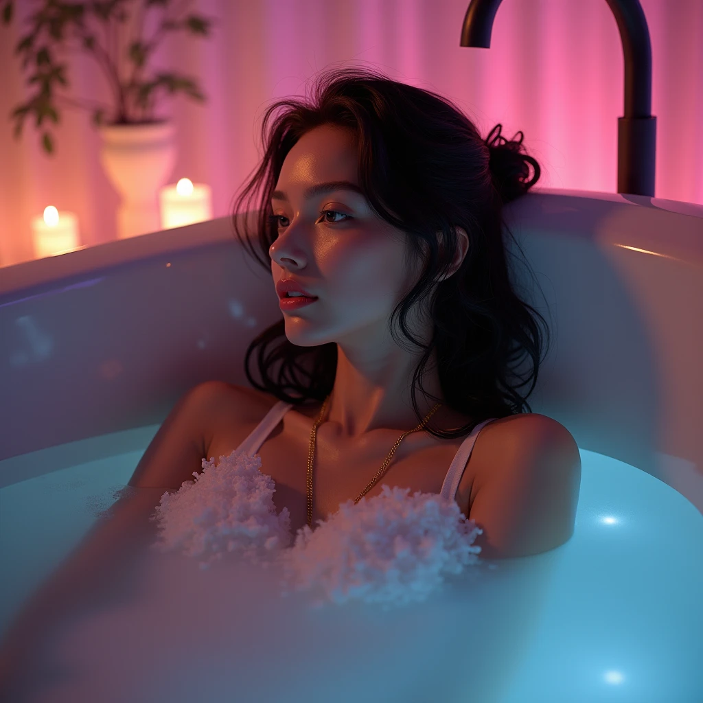 A Korean, only in a nightgown, half gray sweater, medium breasts, large thighs, Bblack hair, big-ass, standing, the night, in a jacuzzi, a jacuzzi fica em local fechado ao ar livre, blue lights, delicious, she's not wearing anything but a lovely nightgown, delicious, she has a very sexy expression, perfeito, rosto sem maquiagem, rosto mais maduro, ela está exibindo suas belas cochas, cabelo longo, magra, corpo em ótima forma, de costas, bunda, mostrando a bunda, biquíni, ela está de biquíni, ela está segurando um pênis de borracha e ela está com a língua pra fora o lambendo, língua pra fora, rosto de prazer, prazer, pau de borracha, vibrador,