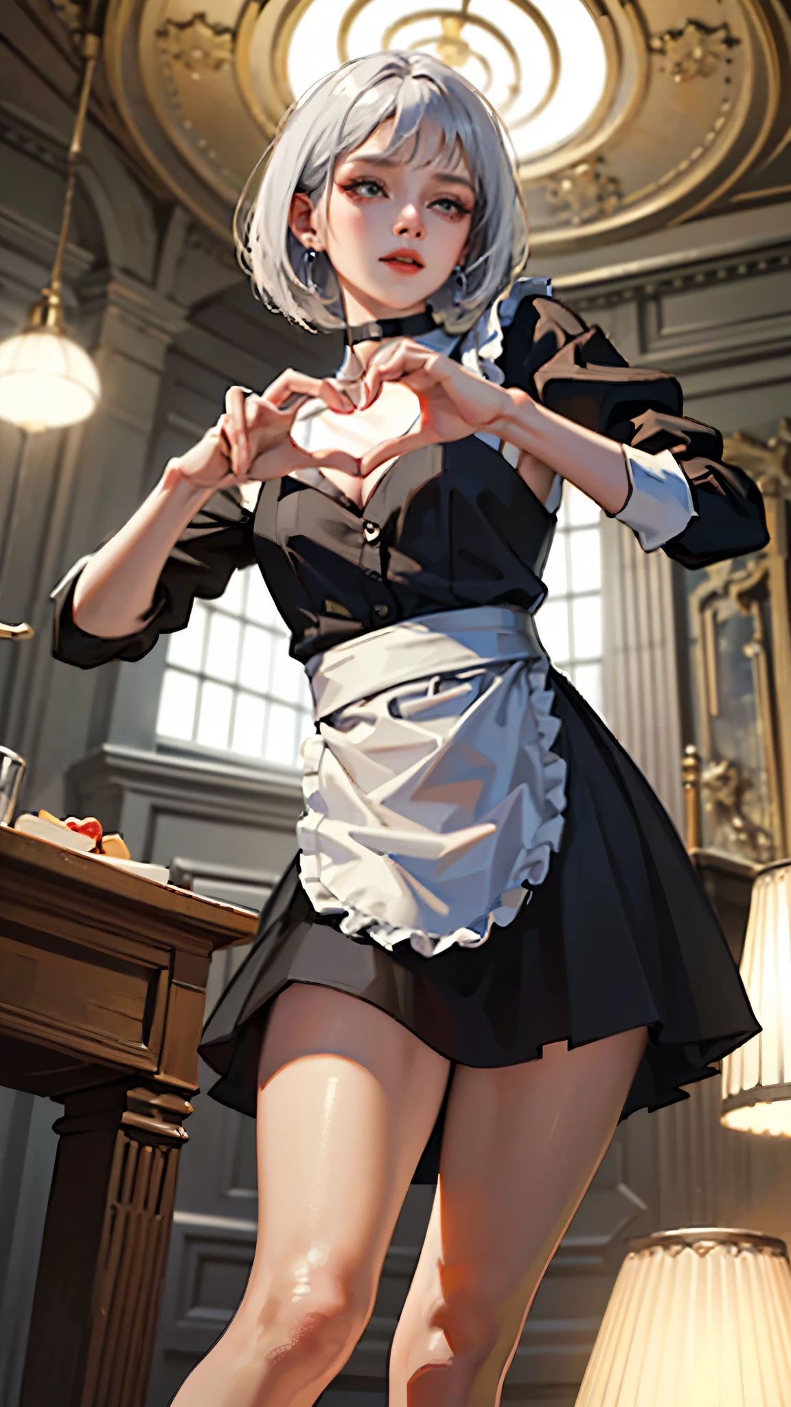 solo, female, A cute maid with seductive expression, seductive smiling, (heart hands), ((suggestive pose)), anatomically correct rendering,(front view, shoot from below), perfect, Silver hair, bob cut, thin hair, sexy face, detailed captivating eyes, lips, makeup, sexual provocative, seductive facial expression, lewd body, sexy cleavage, black:1.0+white:0.4 latex maid costume, skirt, perfect description of maid costume, inner thigh, thigh with a knife holster, ring type earrings, small earrings, black choker, cinematic lighting, perfect lighting, depth of field, best quality, 4k, 8k, incredibly absurdres, realistic, vibrant colors, ultra detailed painting, anatomically correct rendering, perfect anatomy, intricate accurate artwork ), (intricate description in background),