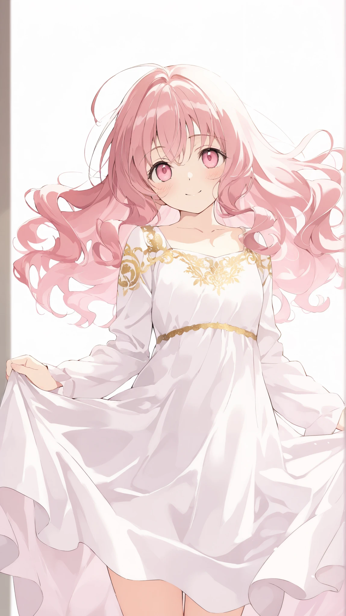 masterpiece, best quality, ultra-detailed, 1girl, , , 5ars-olute, adorable, anime style, fantasy, soft lighting, warm atmosphere,pink hair, soft pink colored hair, medium-length hair, slightly wavy, fluffy hair, pink eyes, soft pink colored eyes, big expressive eyes, innocent look
white dress, elegant fantasy dress, frilly, gold accents, holy aura, divine glow, soft fabric, flowing dress, golden embroidery, white and pink color scheme
cheerful, innocent, pure, kind, slightly shy, warm smile, happy expression, looking up