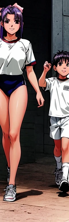 A beautiful woman with short hair, big breasts and beautiful legs is standing by the pool in a high-cut swimsuit.。A middle-aged man is standing at a distance, pointing a camera lens at him.。