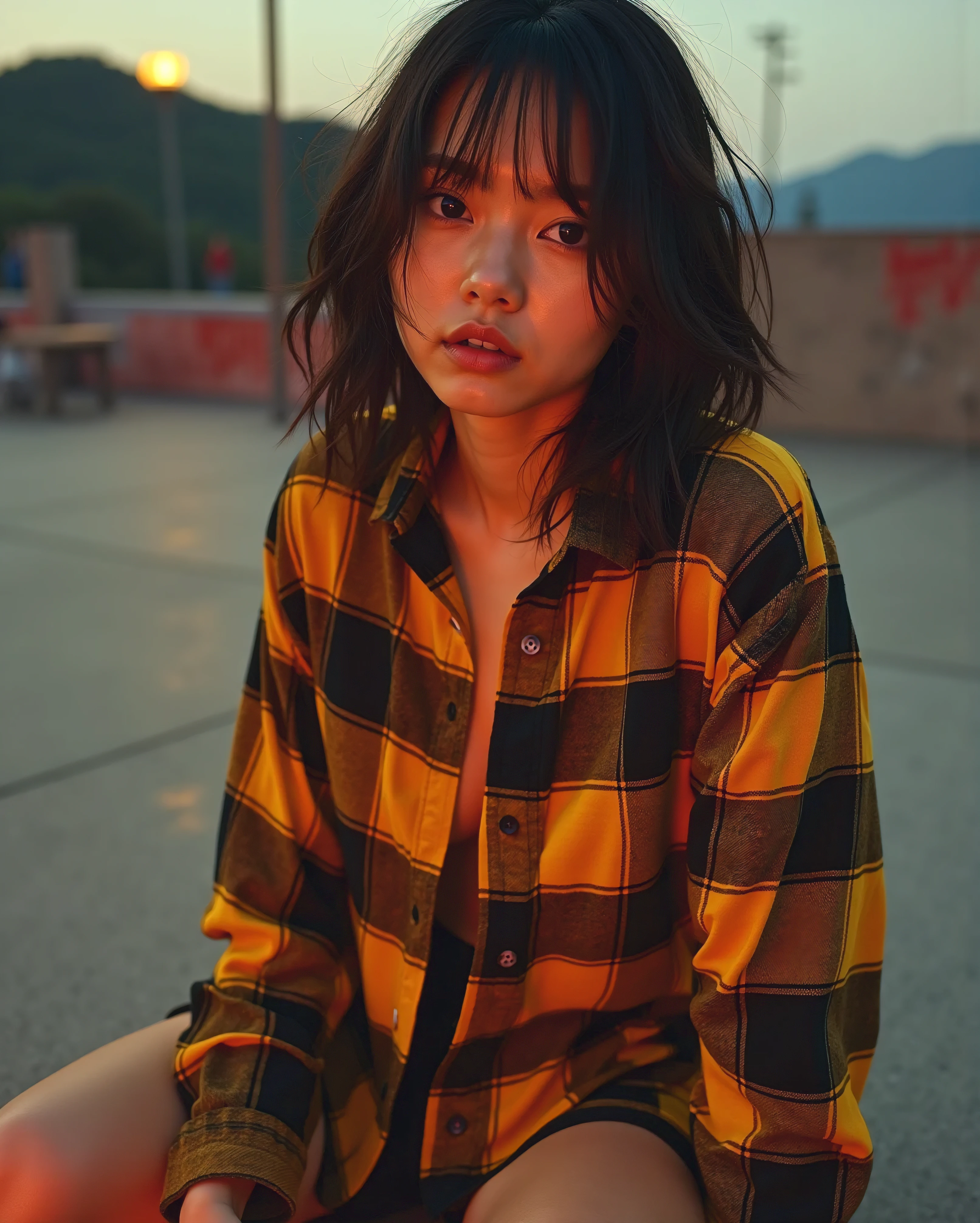 (((Full body view))), Cinematic photography of a tall skinny beautiful Korea sensual actress Bae Doona with only wearing a very very revealing halftone-pattern yellow and black oversized flannel shirt and thigh-high boots is kneeling sensually inside an empty skatepark at sunset and looking at the camera, (((Bae Doona realistic face:1.3))), (((very beautiful thin face, perfect detailed eyes, very pointy nose))), (((looking at camera, very lustful gaze))), (((very lustful smile))), (((messy hair with a bang:1.3))), (((very skinny sensual tall body))), (((kneeling))), wearing a (((very very revealing halftone-pattern yellow and black oversized flannel shirt))), very very revealing halftone-pattern oversized flannel shirt with (((yellow and black color))), exposing her beautiful big round breasts, very large areola protruding, exposing her very very pointy nipples shape, (((slim abs))), (((very skinny legs))), (((spreading legs))), (((not wearing underwear panty))), (((very very dense pubic hair))), wearing (((thigh-high boots))), (((perfect skinny body anatomy))), very sensual (((kneeling pose))), background is (((an empty skatepark at sunset))), a photorealistic painting by Antoine Wiertz, featured on reddit, hyperrealism, cinematic lighting, very sharp focus, narrow depth of fields, Kodachrome film color, night photography, 90's erotic fashion photography, 90's grunge style, Bae Doona sensual prostitute girl, sensual smoking body, very very revealing halftone oversized flannel shirt, hot looking Korean prostitute girl, sensual movie photo, Bae Doona in yellow and black oversized flannel shirt, ultra sensual look, editorial photography on Vogue magazine, high-end fashion, grunge style, 90's artistic porn