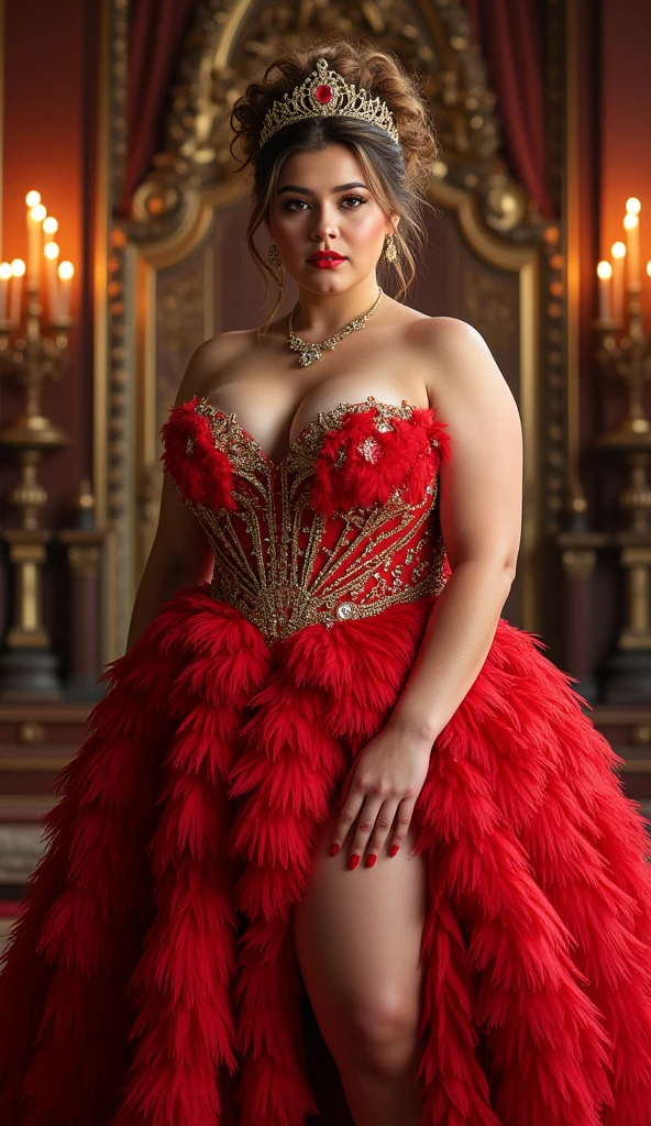 An ingénue's hourglass silhouette commands a halo of flashing bulbs at Leicester Square's premiere in a daring gown entirely hand-embroidered with thousands of crimson paillettes and decadent burgundy feathers encircling each curve, smiling, flirting, enormous tits, hourglass shape