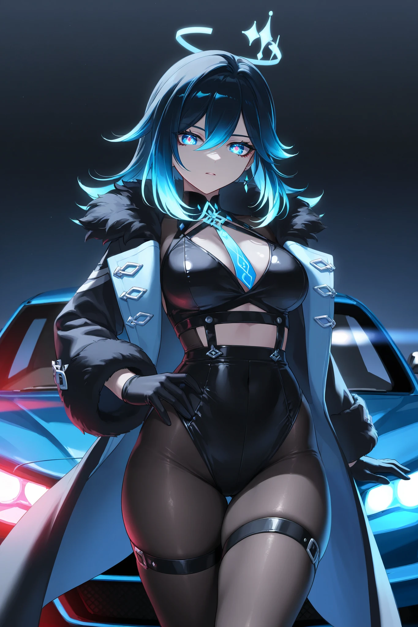 Zerafall, una chica joven de cabello corto salvaje de color negro, ojos azules y unas orejas y colas de zorro, con una chaqueta de color negra y marcas azules en un fondo de ciudad de noche