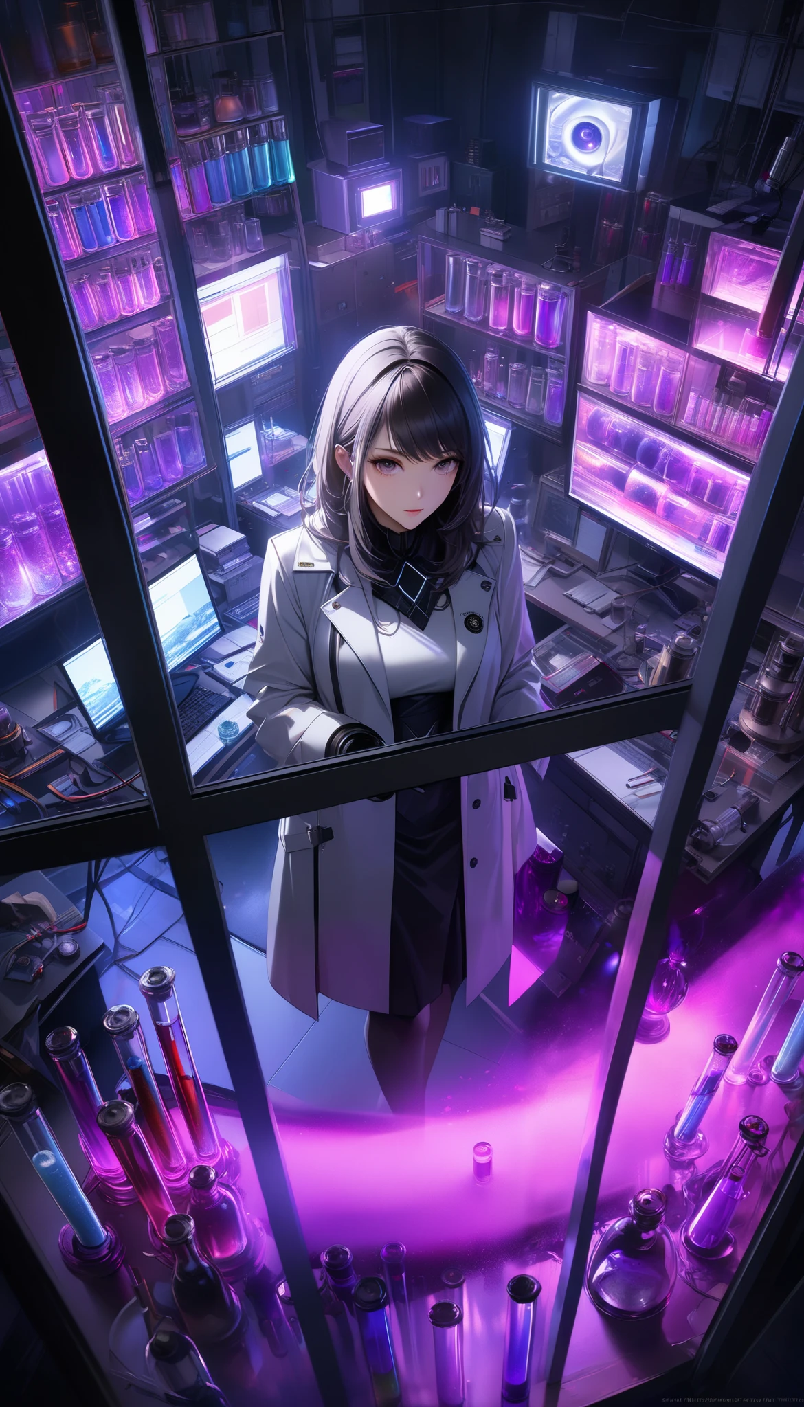  Ultra High Resolution, Extremely Clear Details ,  Extremely Colourful Colors , a beautiful adult woman, alone, researcher in white coat,  fierce experiments unparalleled in the past , Complete protection , Dangerous scents, ( test tubes are tilted and blended),  suspicious liquid with high transparency ,  Realistic Experimental Operation ,  BREAK Top Confidential Laboratory Background ,  Suspicious Organisms Floating in a Clear Cylinder Filled with Fluorescent Purple Liquid, break (from above, It overlooks the entire room, (The view from a surveillance camera )){x},  Dim Dramatic Lights , A production reminiscent of Top Secret, You're not allowed to leave here when you see this, Absolutely top quality , (( high image quality, 8k, hyperrealistic, realistic, Masterpiece, Very Detailed)), studio lighting, Professional Portrait , beauty portrait art , Soft Focus , Moody Lighting , dramatic atmosphere, Super Fine,