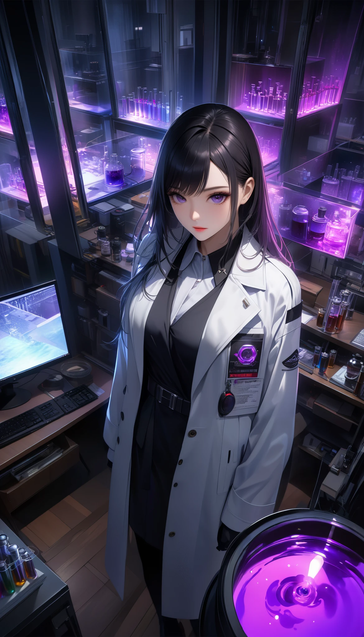 Ultra High Resolution, Extremely Clear Details , Extremely Colourful Colors , a beautiful adult woman, alone, researcher in white coat, fierce experiments unparalleled in the past , Complete protection , Dangerous scents, ( test tubes are tilted and blended), suspicious liquid with high transparency , Realistic Experimental Operation , BREAK Top Confidential Laboratory Background , Suspicious Organisms Floating in a Clear Cylinder Filled with Fluorescent Purple Liquid, break (from above, It overlooks the entire room, (The view from a surveillance camera )){x}, Dim Dramatic Lights , A production reminiscent of Top Secret, You're not allowed to leave here when you see this, Absolutely top quality , (( high image quality, 8k, hyperrealistic, realistic, Masterpiece, Very Detailed)), studio lighting, Professional Portrait , beauty portrait art , Soft Focus , Moody Lighting , dramatic atmosphere, Super Fine,